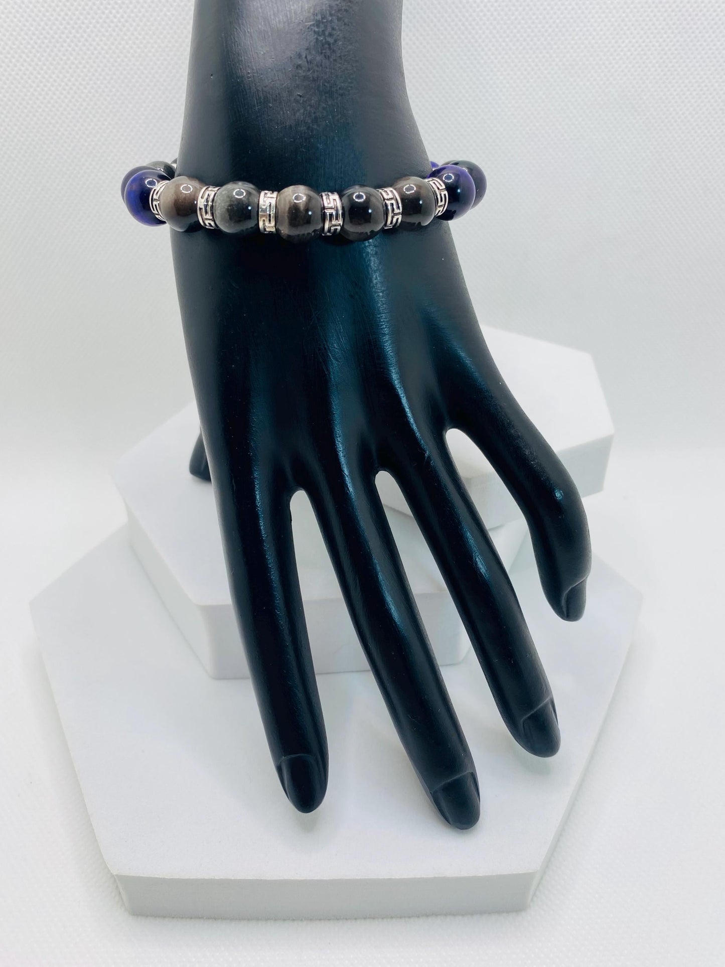 Tigers Eye Bracelet for Men: Black Obsidian & Tibetan Spacers