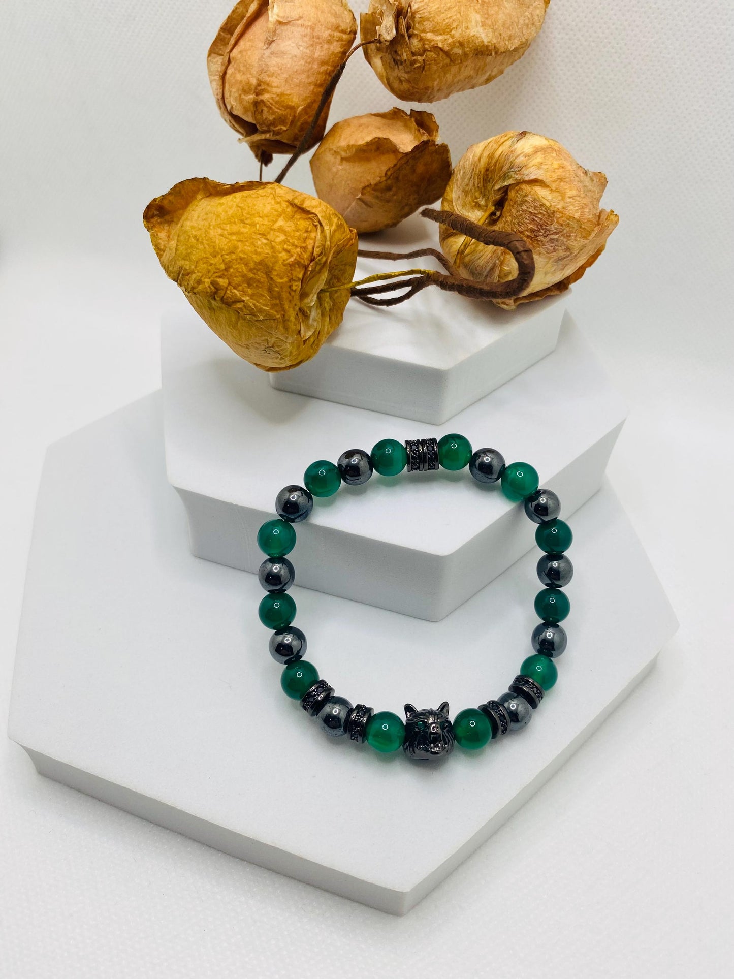 Black Wolf Charm Bracelet: Jade & Hematite Gemstone Beads