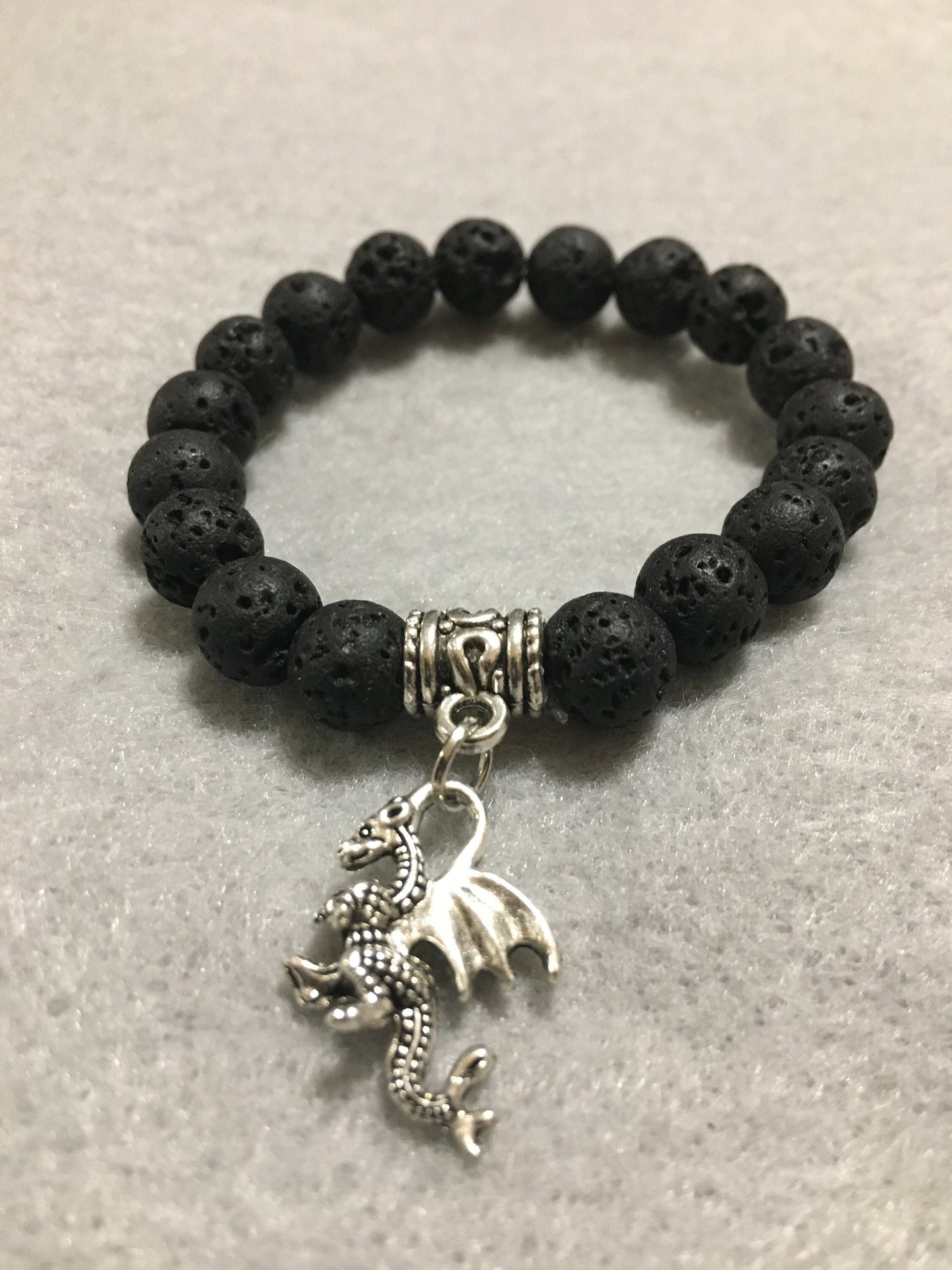 Lava Rock Dragon Bracelet: Antique Silver Charm, Gemstone Beads