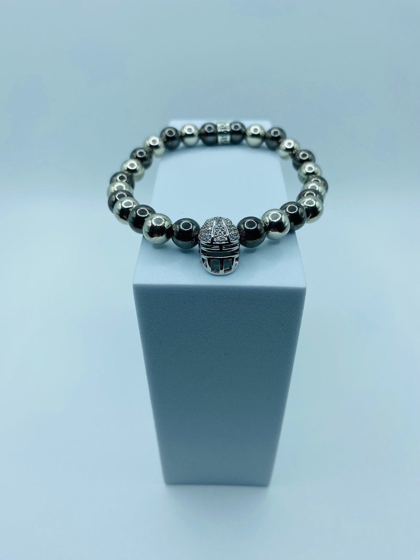 Las Vegas Raiders Bracelet: Hematite Gemstone Beads, CZ Football Helmet