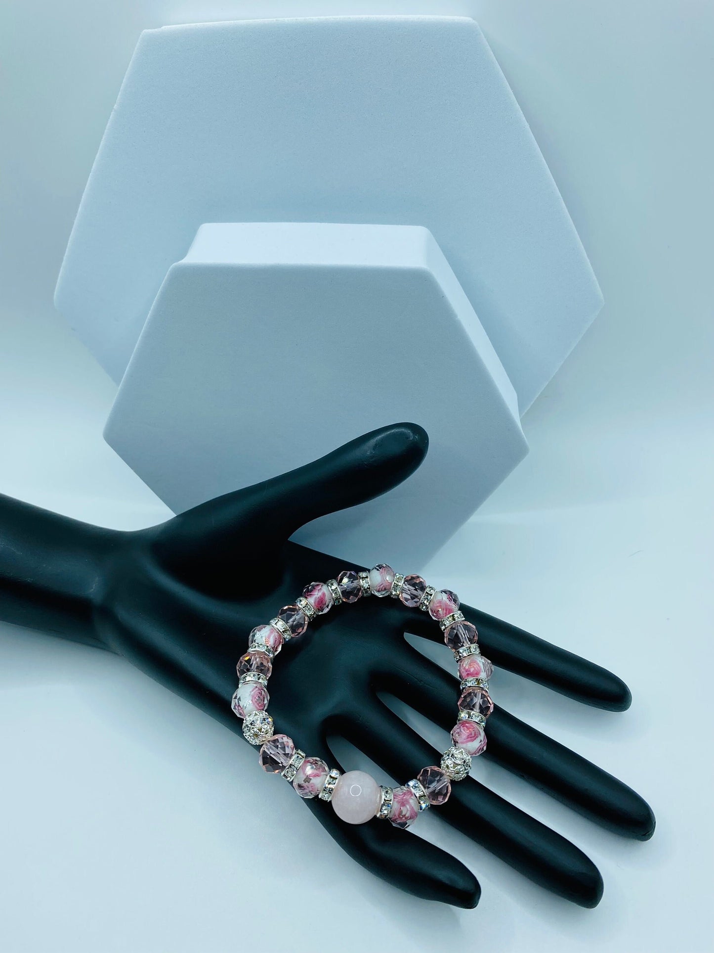 Lampwork Beads Flower Girl Bracelet - Rose Quartz Crystal Bracelets for Women - Pink Glass Beads