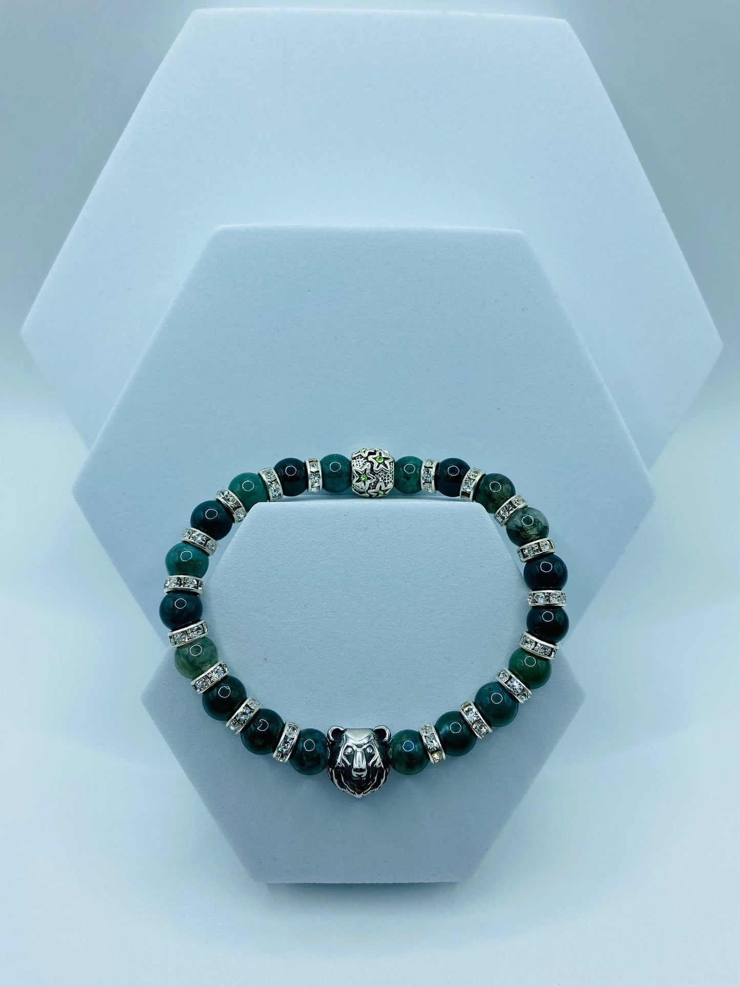 Mens Moss Agate Beaded Bracelet with Stainless Steel Bear Charm