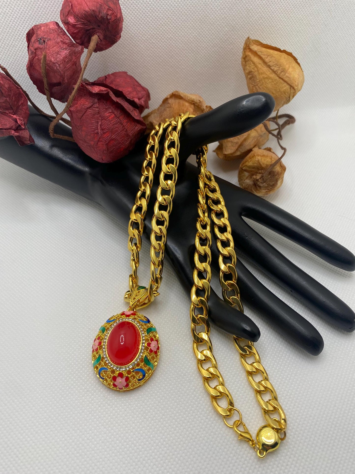 Red Agate Pendant Necklace: Gold Plated Cuban Link Chain Boho Jewelry