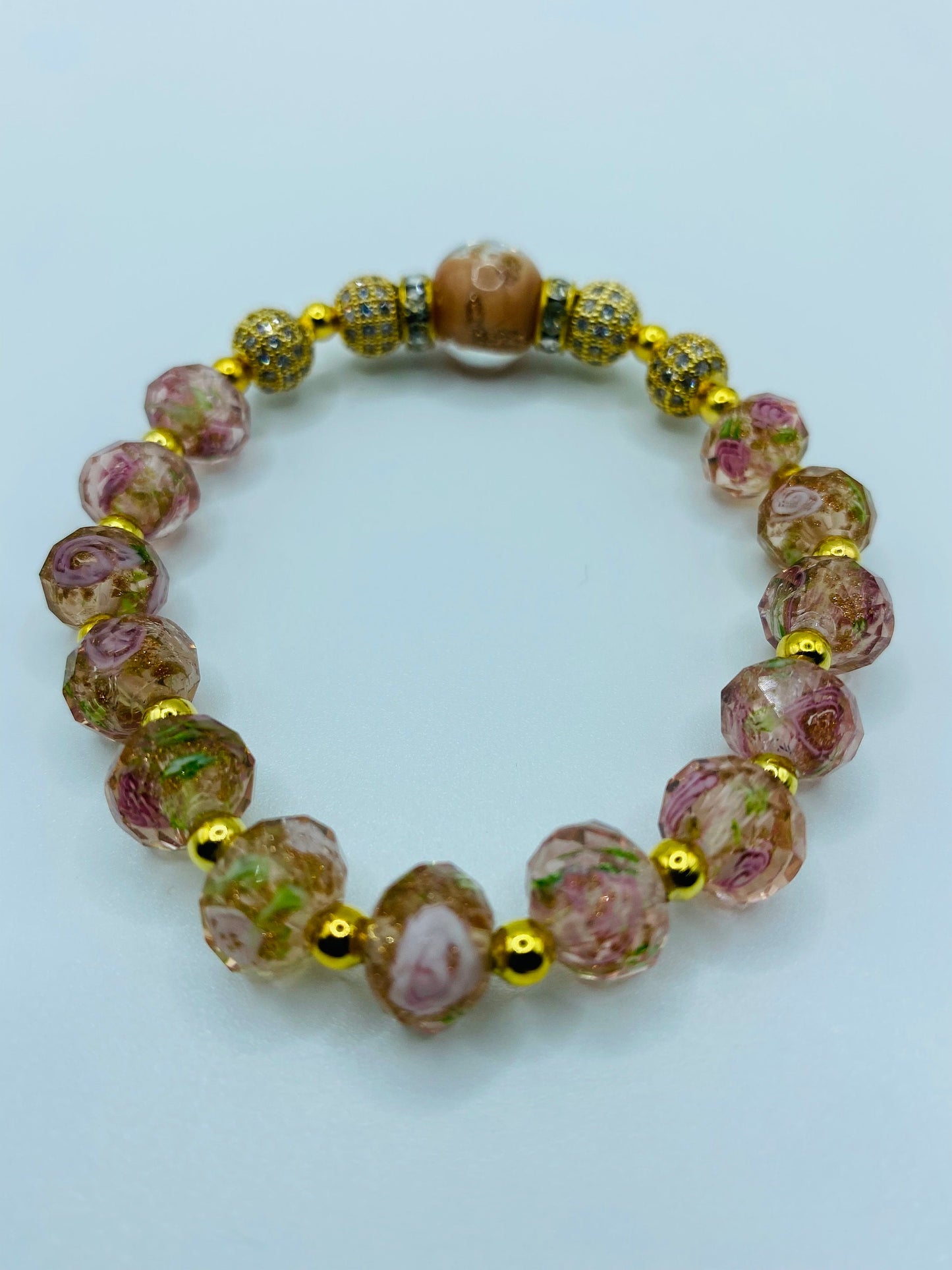 Gold Plated Hematite Bracelet: Pink Lampwork Murano Glass Floral Beads