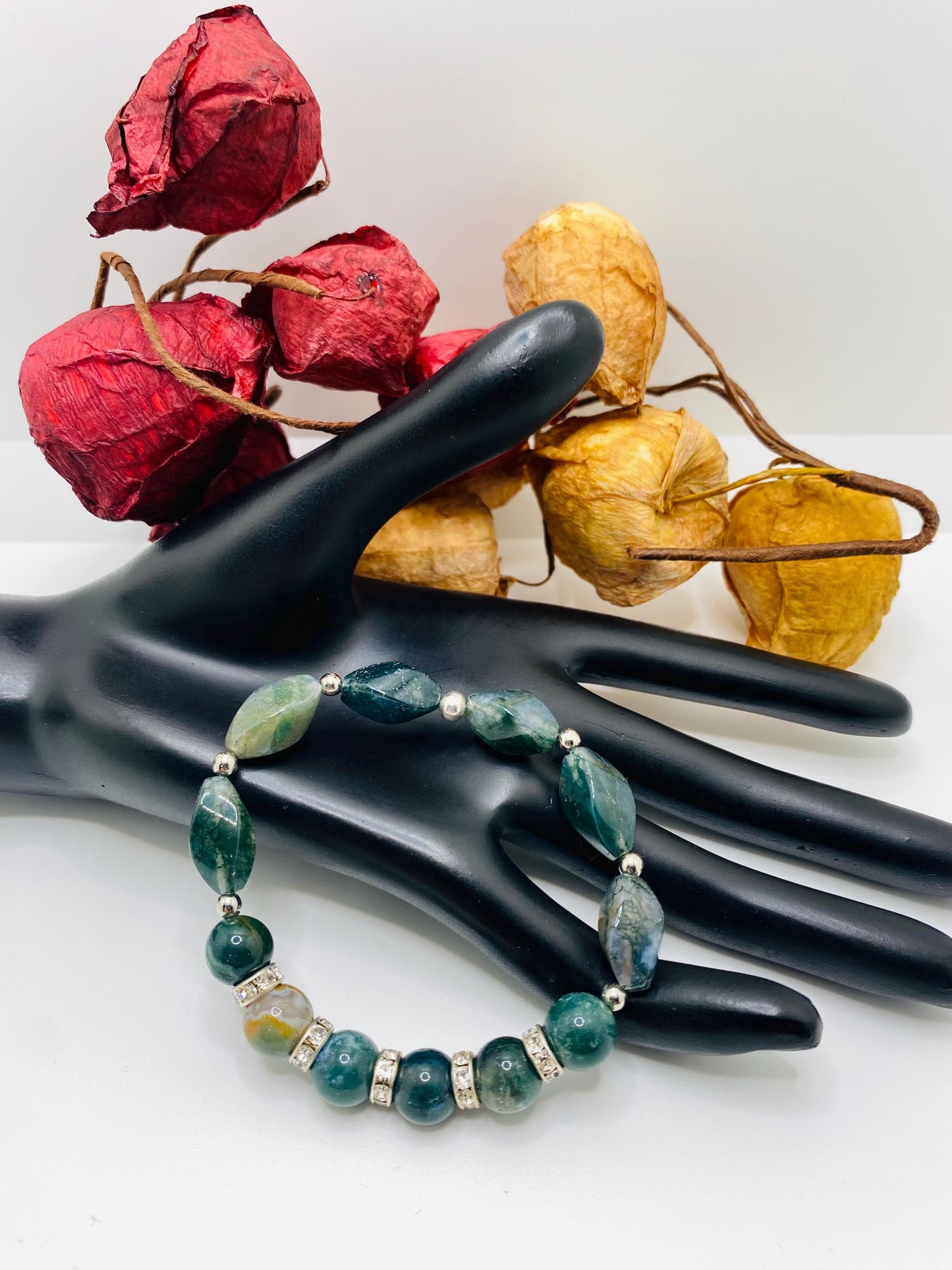 Moss Agate Beaded Bracelet: Gemstone Jewelry with Rhinestone Accents