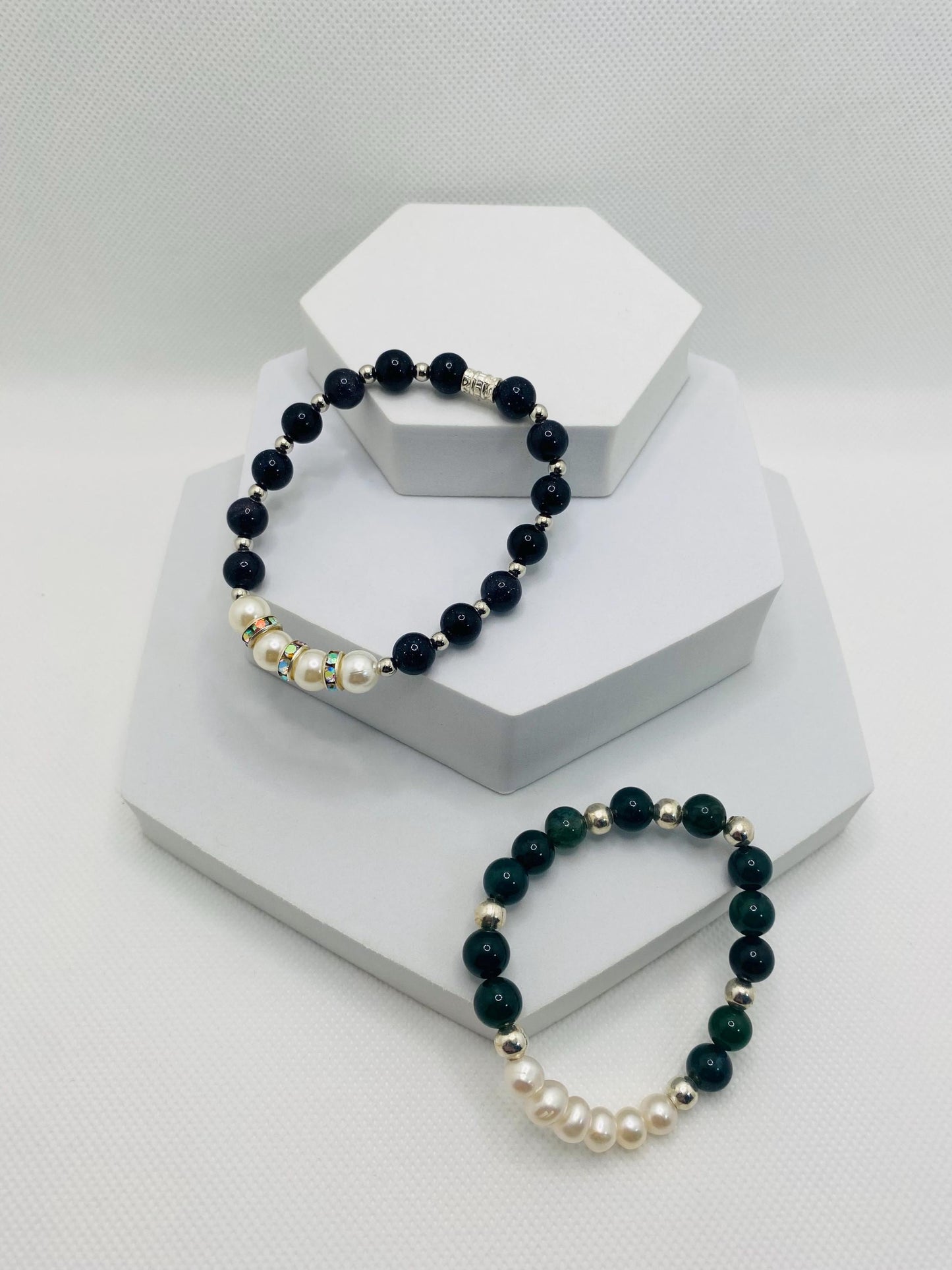 Handmade Pearl Bracelet Set: Moss Agate & Blue Sandstone Beads