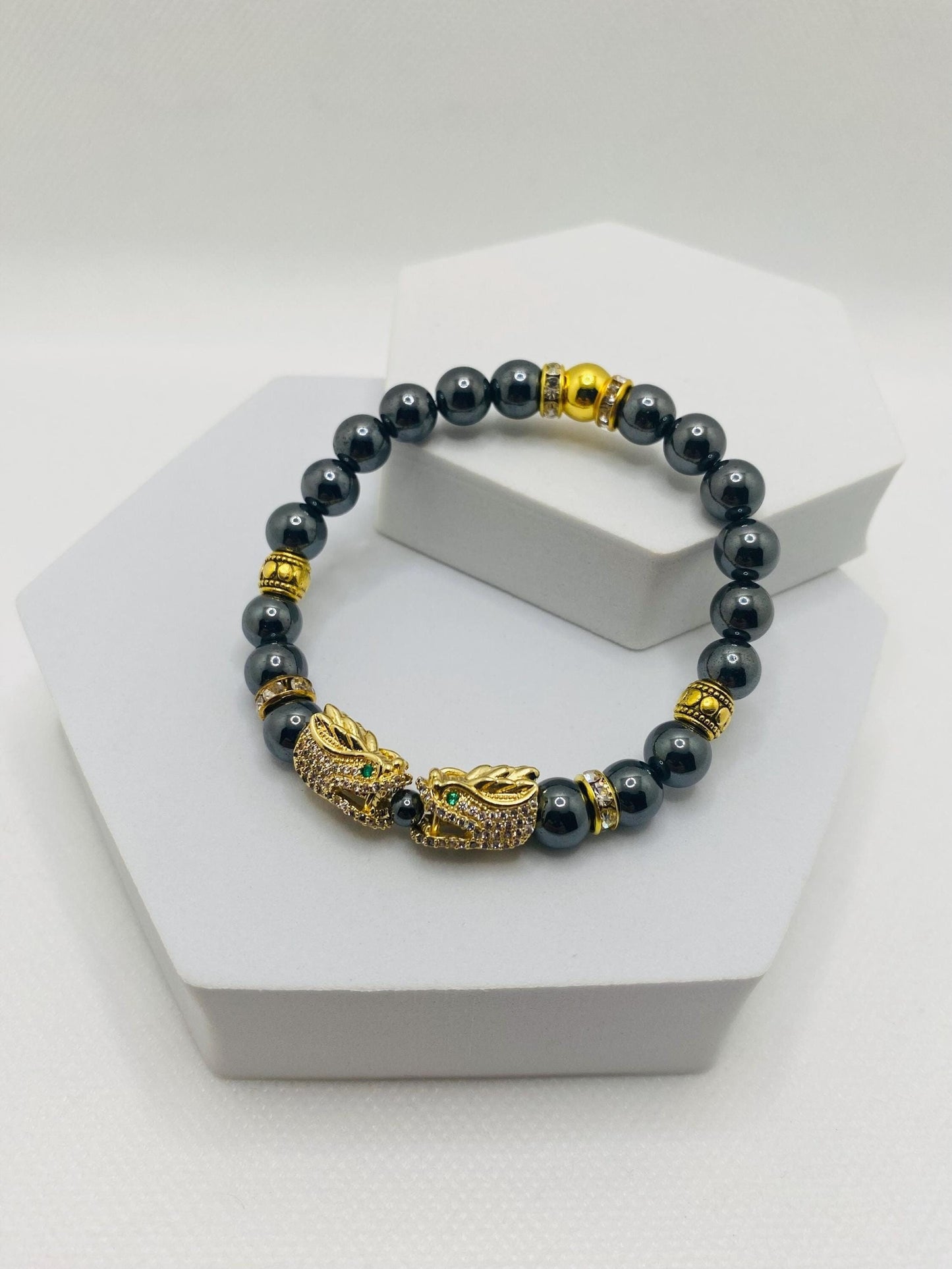 Hematite Dragon Bracelet: Gold Plated Charm, Rhinestone Spacers