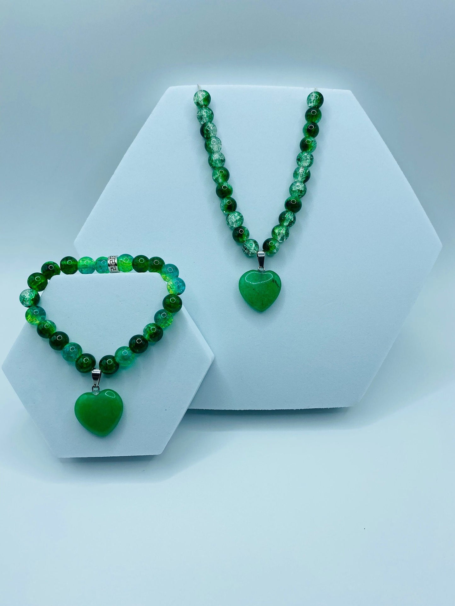 Handmade Jade Heart Necklace Bracelet Set: Green Glass Bead Jewelry