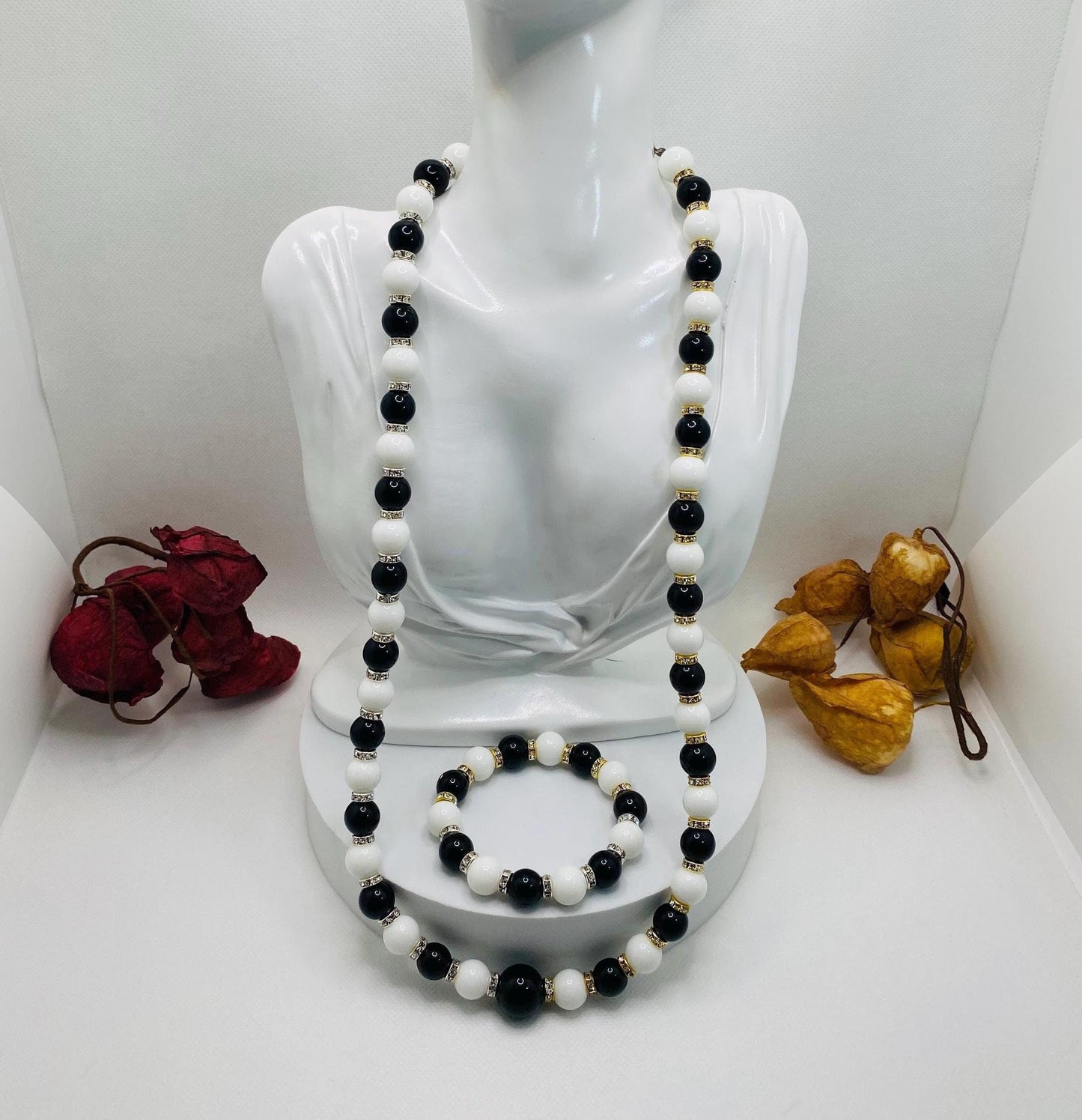Handmade Onyx Necklace and Bracelet Set: Black and White Gemstone Jewelry