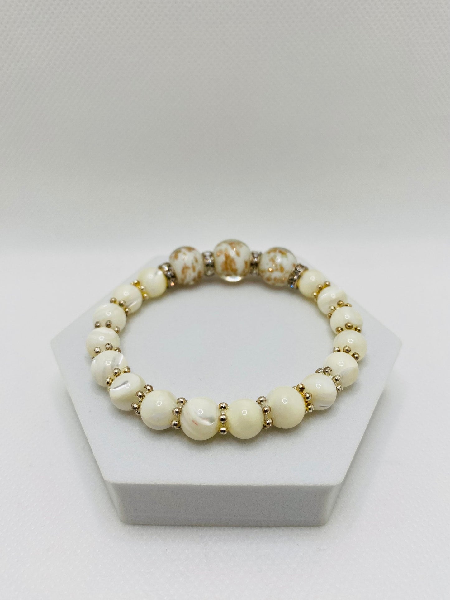 Handmade Mother of Pearl Bracelet: Lampwork Glass Beads, Silver Snowflakes