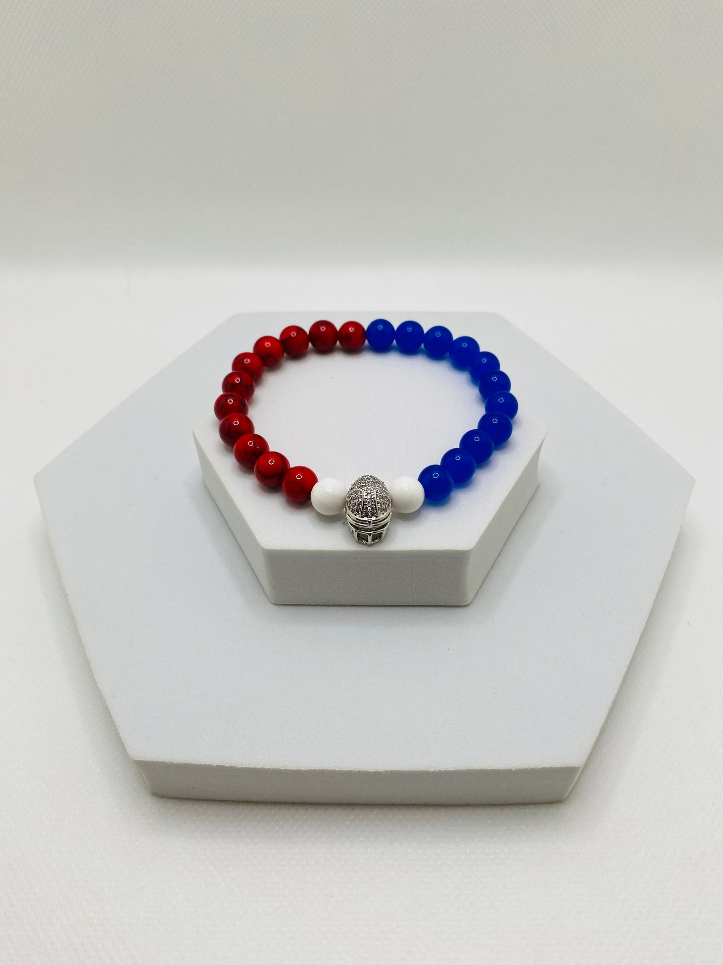 Buffalo Bills Beaded Bracelet: Red Turquoise, Blue Chalcedony, Football Helmet Charm