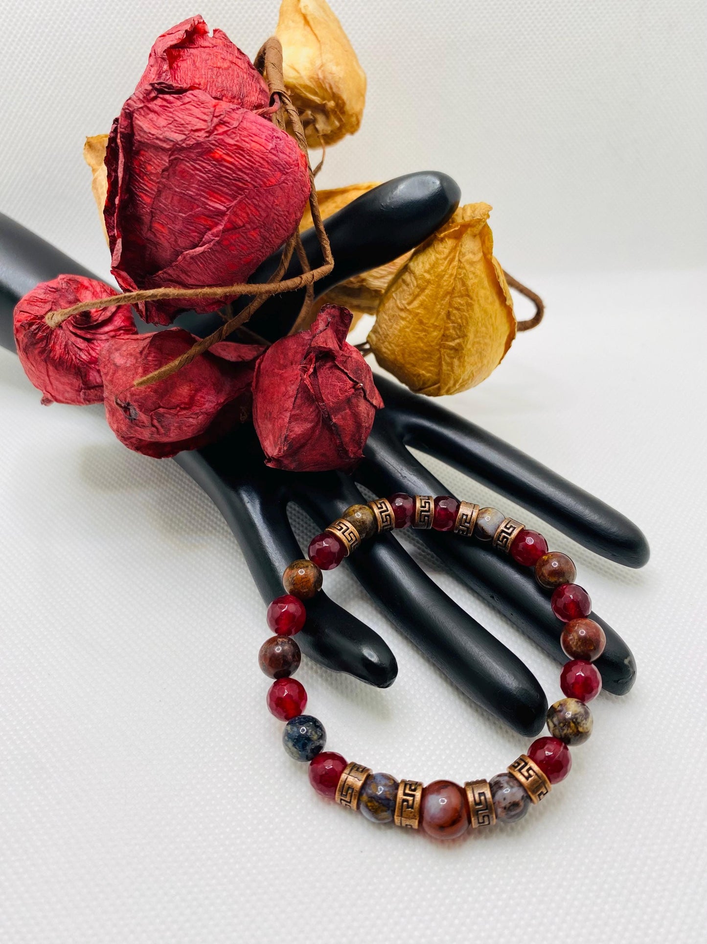 Carnelian Bracelet: Natural Pietersite, Agate, and Tibetan Spacers