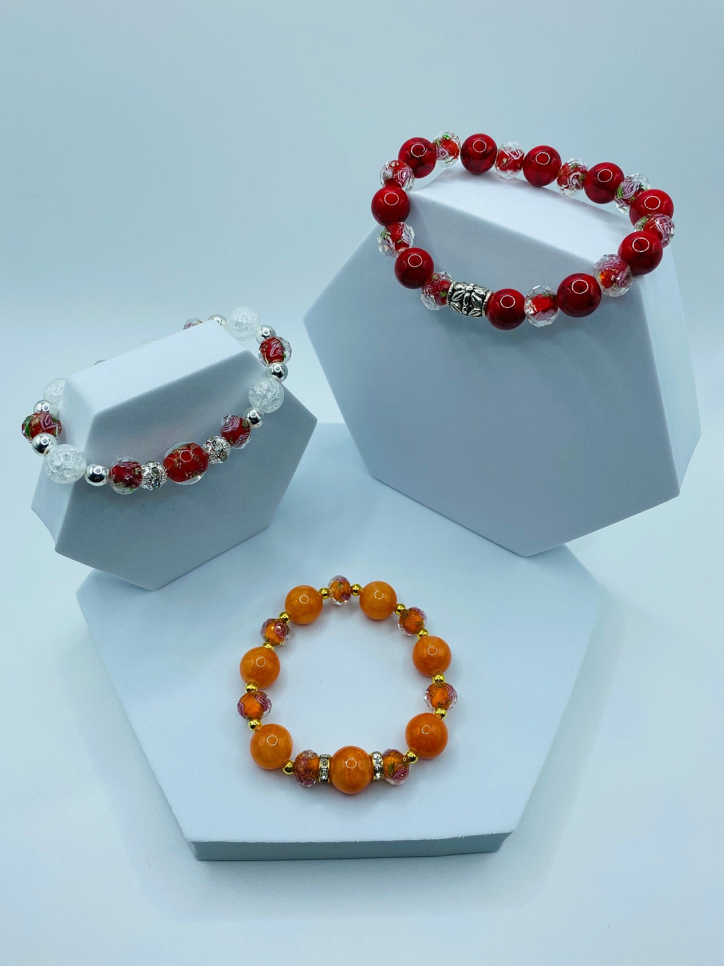 Jade Bracelet Handmade Jewelry for women, orange floral lampwork Glass Beads - Flower Bead Bracelet