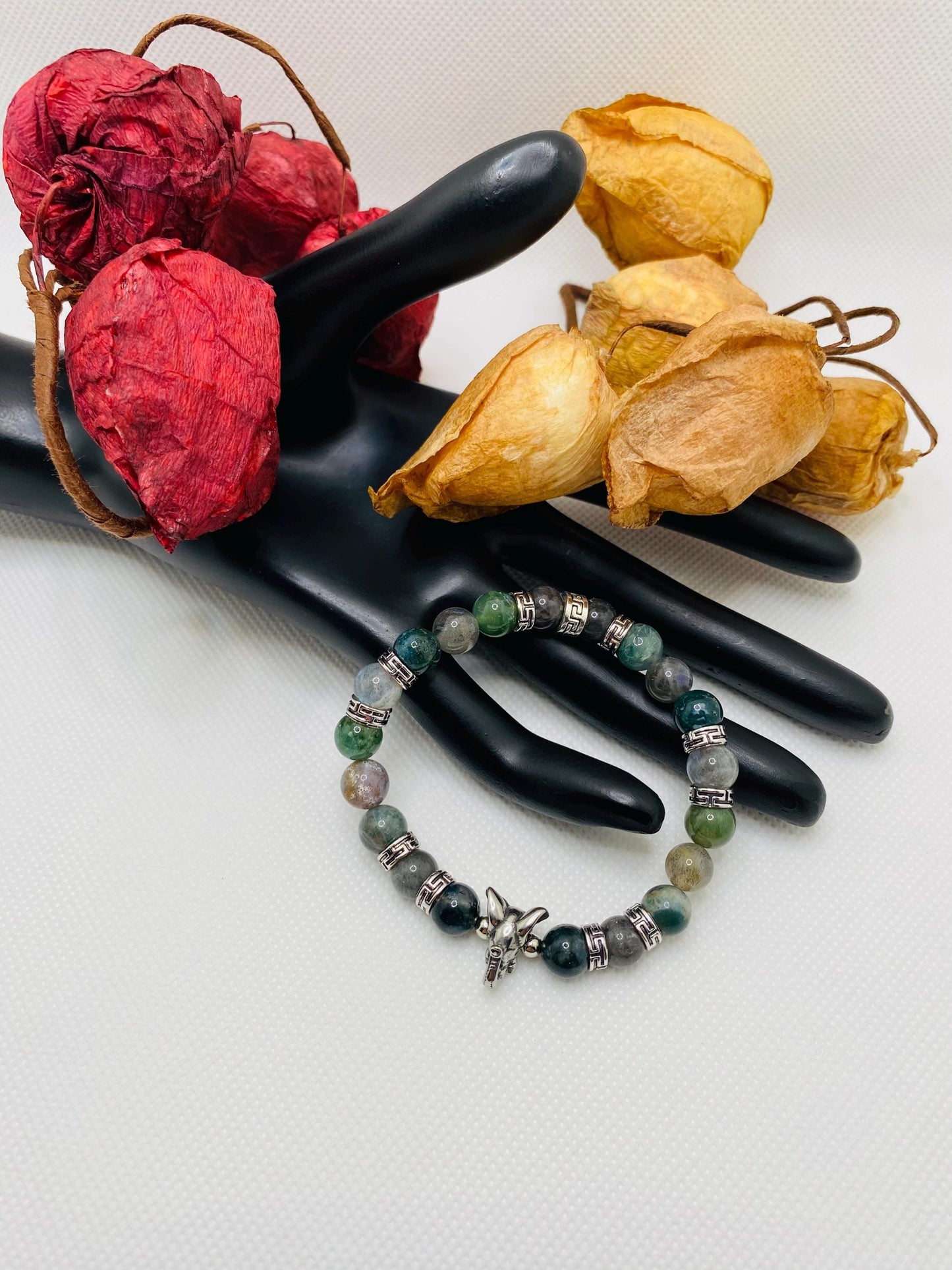 Moss Agate Beaded Bracelet: Elephant Charm, Tibetan Silver Spacers