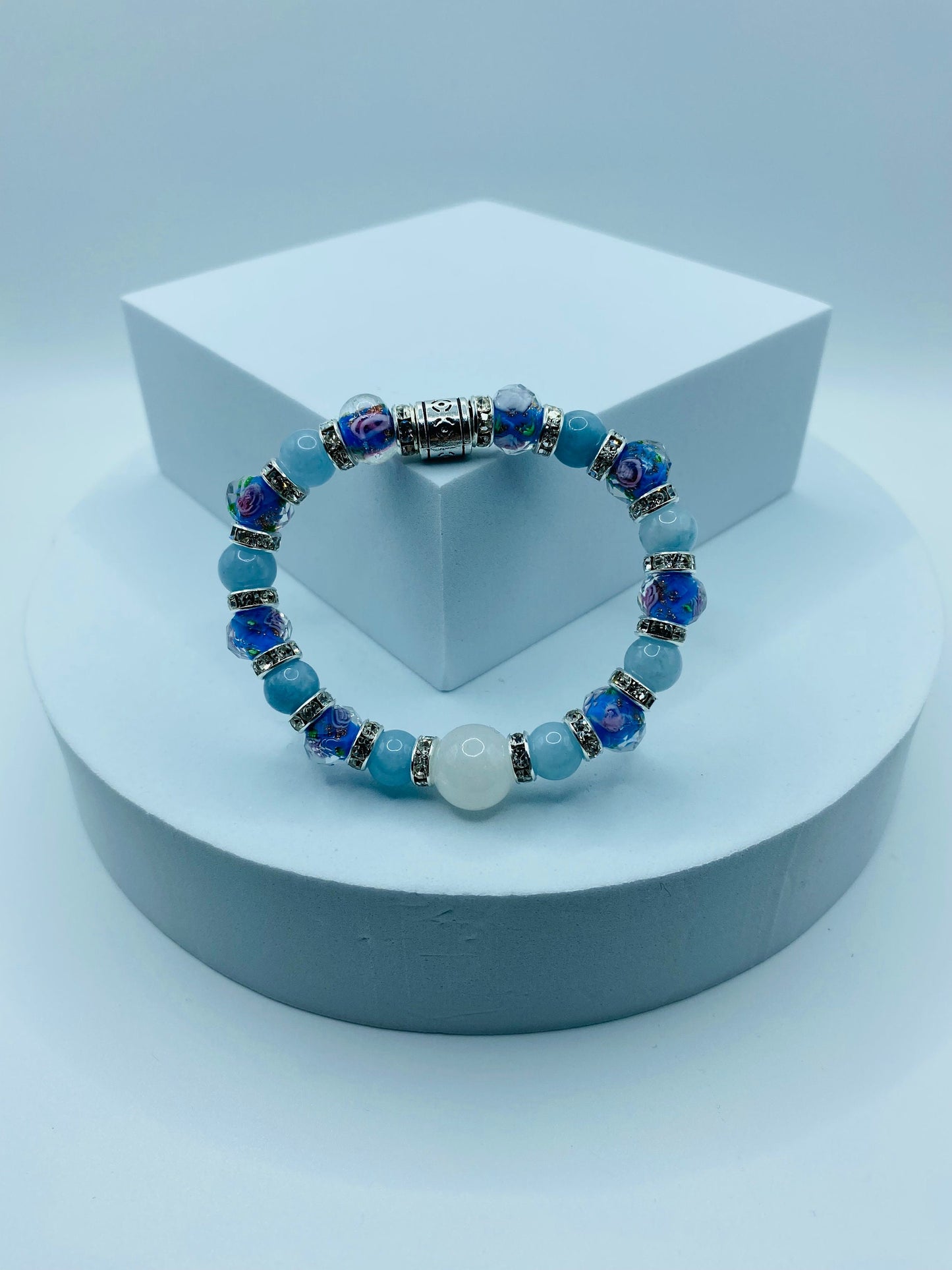 Aquamarine Bracelet: Lampwork Floral Glass Beads, Chalcedony Stone