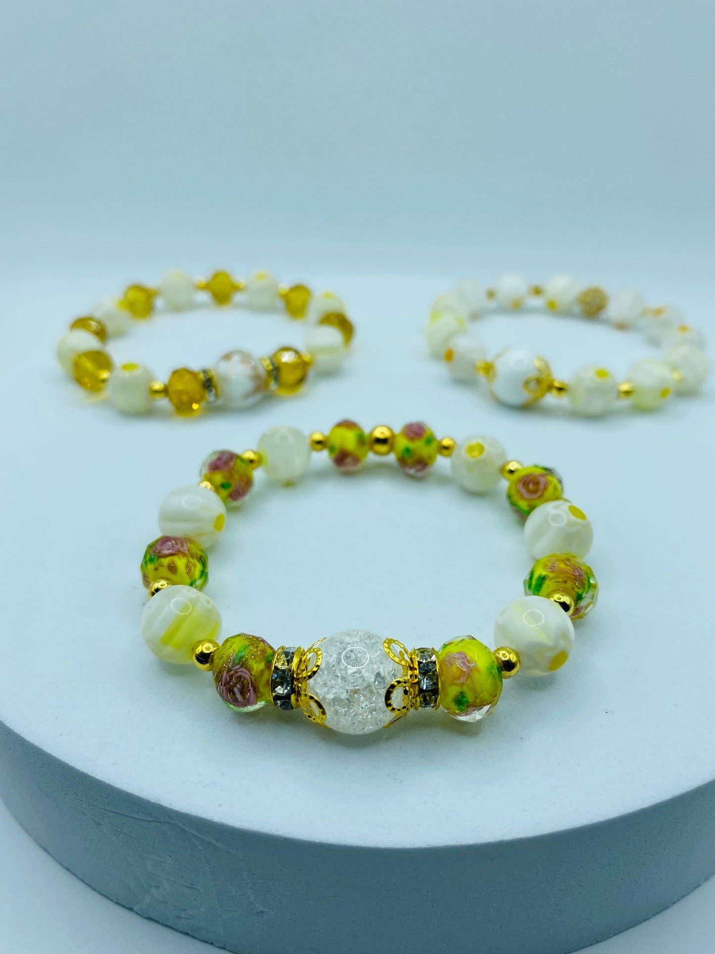 Lampwork Glass Bead Bracelet: Boho Floral Jewelry, Gold Hematite Accent