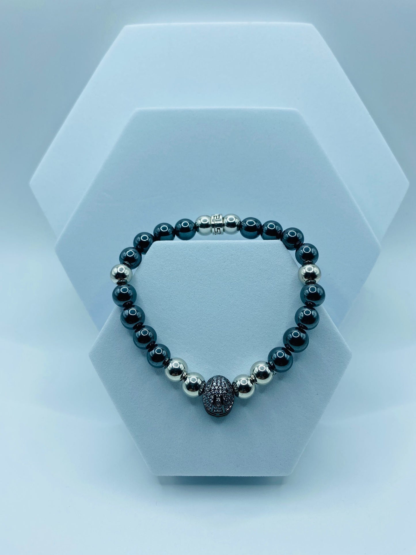 Las Vegas Raiders Mens Bracelet - Hematite Gemstone Beads and Football Helmet - Bracelets for Women