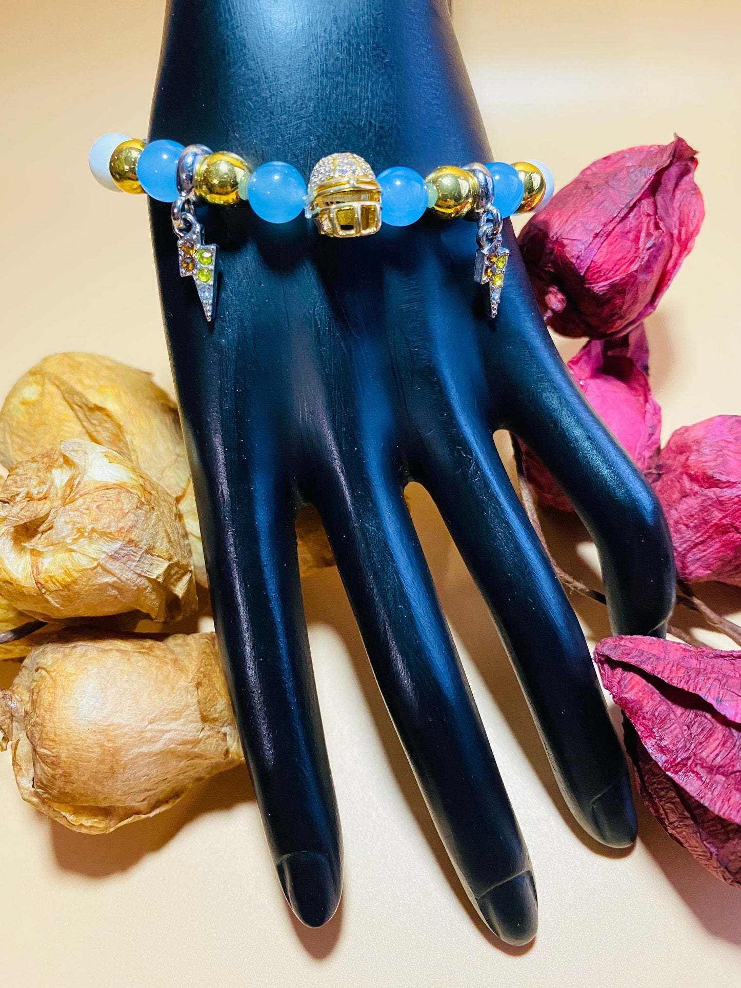 Los Angeles Chargers Mens Bracelet, Lightning Bolt Charms & Golden Football Helmet - Natural Gemstone Beads