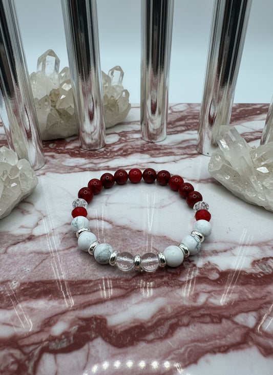 Red Turquoise & Howlite Gemstone Bracelet: Crystal Quartz Beaded Jewelry