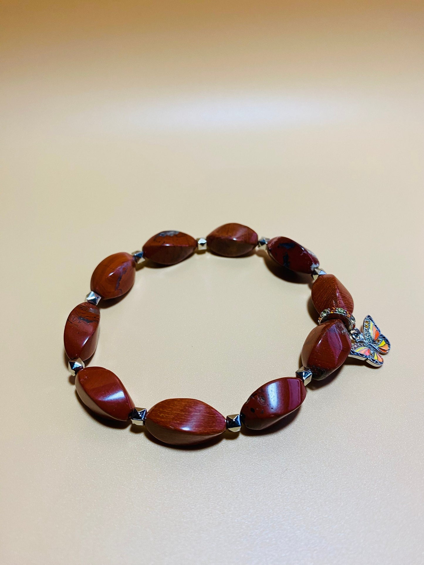 Handmade Red Jasper Bracelet: Butterfly Charm, Gemstone Jewelry