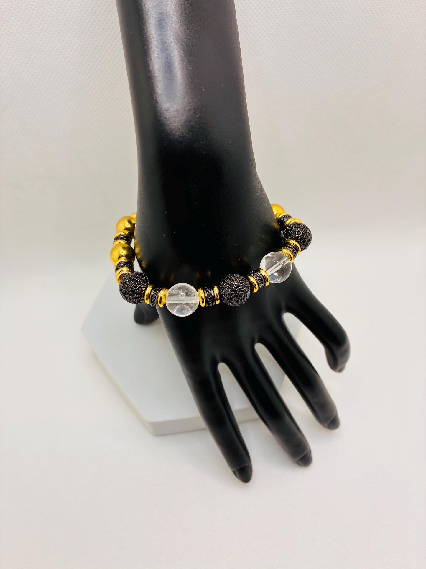 Gold Plated Hematite Bracelet: Clear Quartz & Black Zirconia Beads