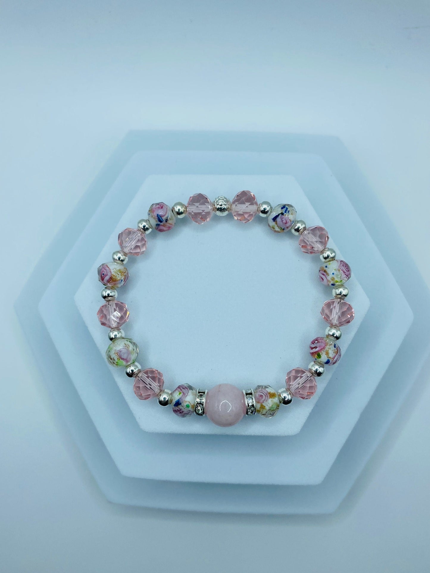 Rose Quartz Bracelet: Lampwork Floral Glass & Pink Crystal Beads