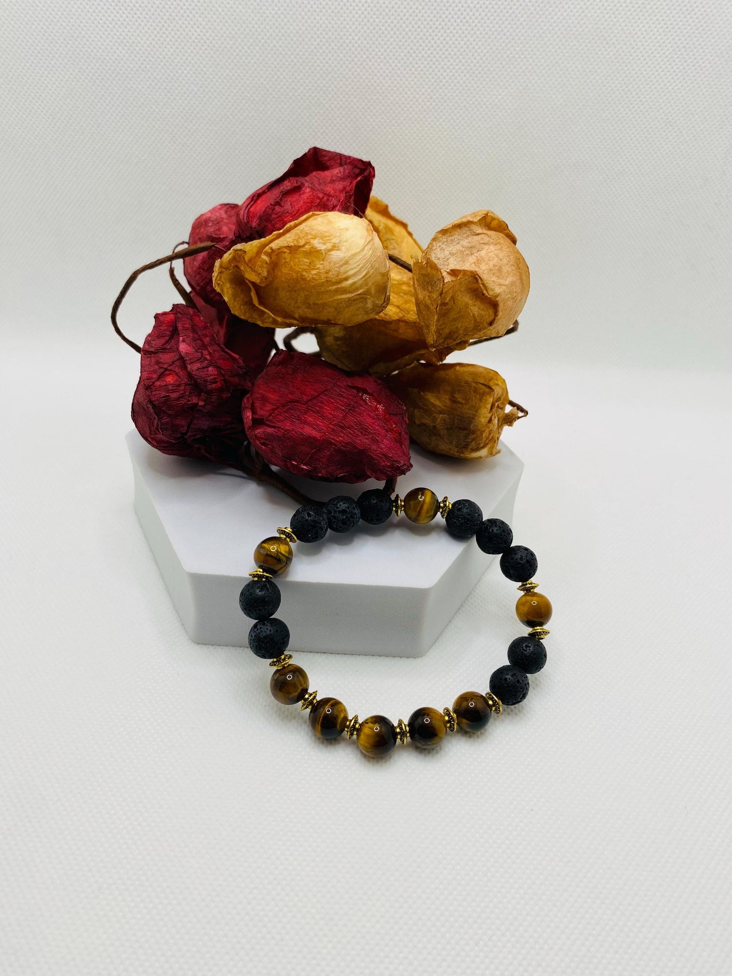 Mens Lava Rock & Tigers Eye Bracelet: Tibetan Gemstone Jewelry