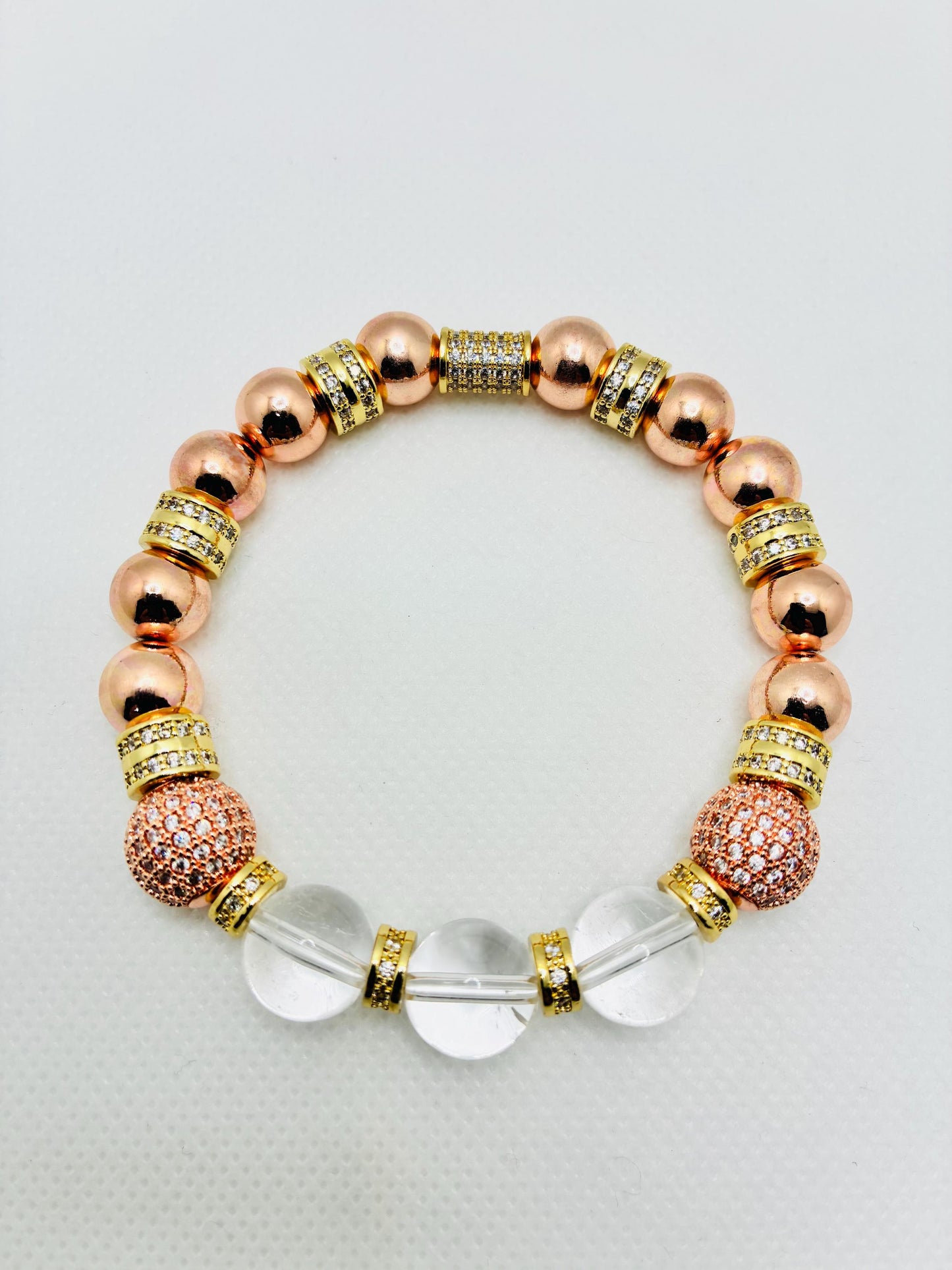 Rose Gold Plated Hematite Bracelet: Clear Quartz & Cubic Zirconia Beads
