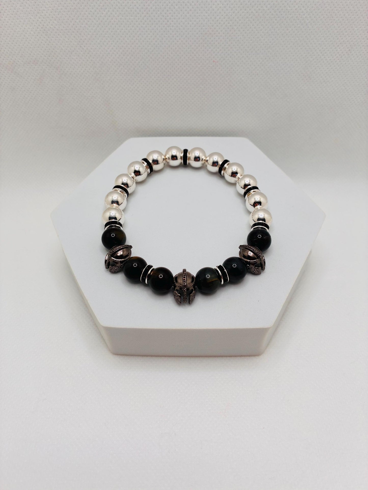 Mens Spartan Helmet Bracelet: Silver Hematite & Obsidian Gemstone Beads, Medieval Jewelry