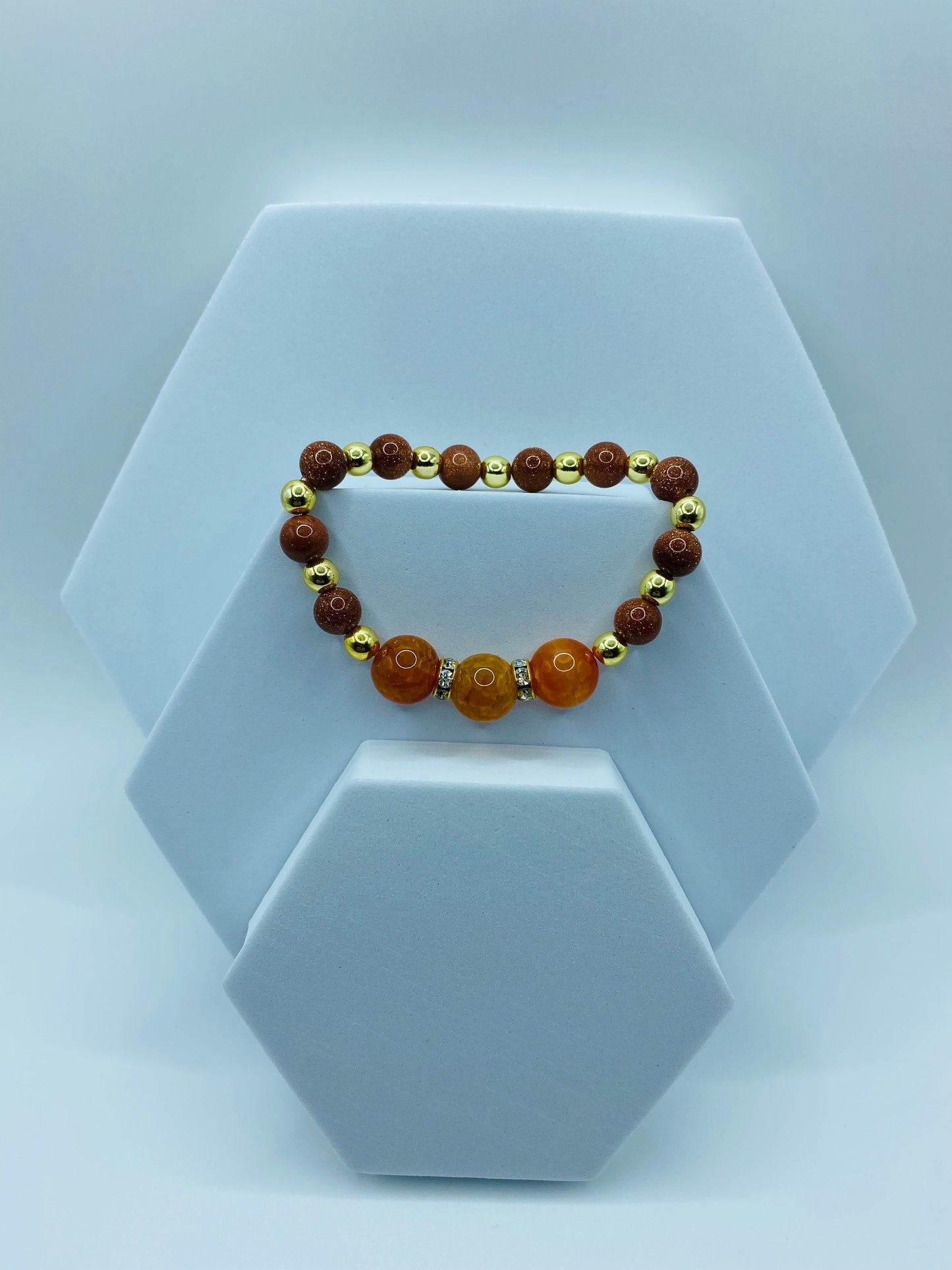 Handmade Orange Jade Bracelet: Goldstone & Gold-Plated Hematite Beads