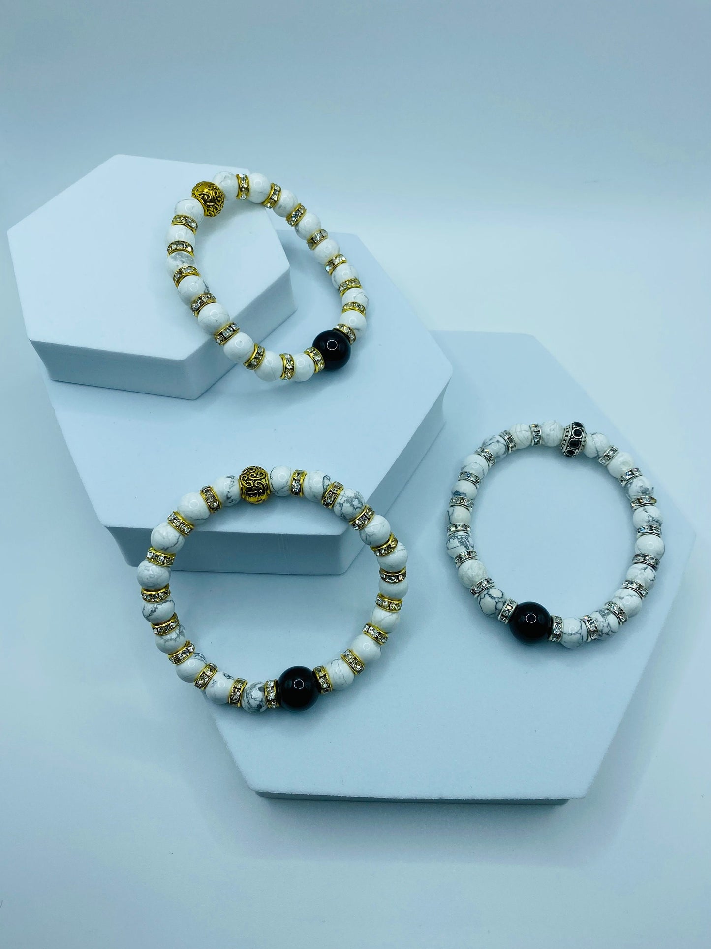 Mens Black Onyx & Howlite Gemstone Bracelet with Rhinestones