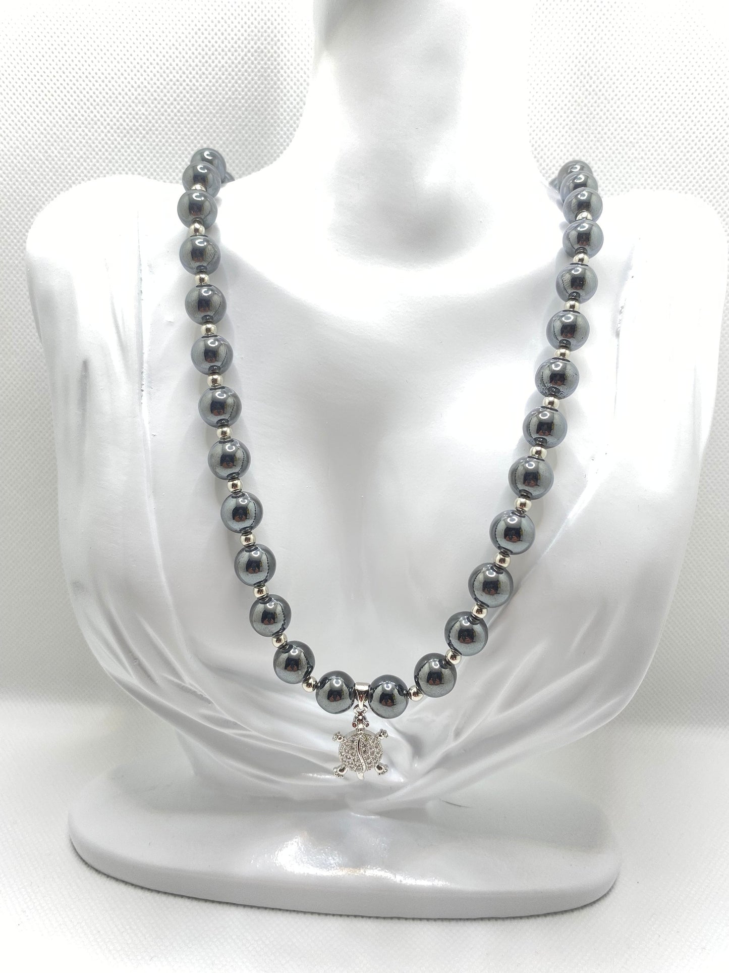Hematite Gemstone Necklace: Silver Turtle Charm, Handmade Beaded Jewelry