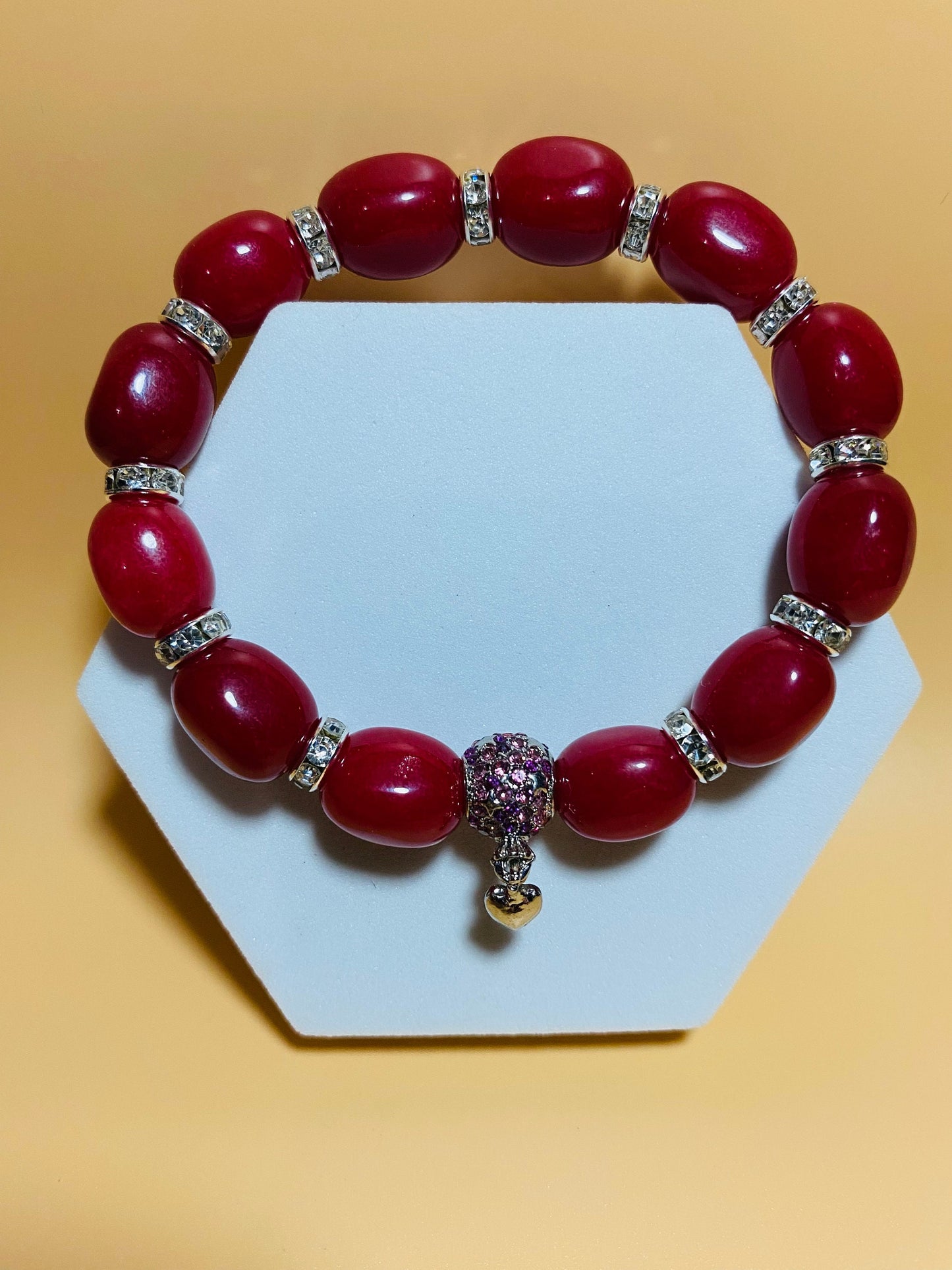 Red Jade Beaded Bracelet: Rhinestone Heart Charm, Silver Details