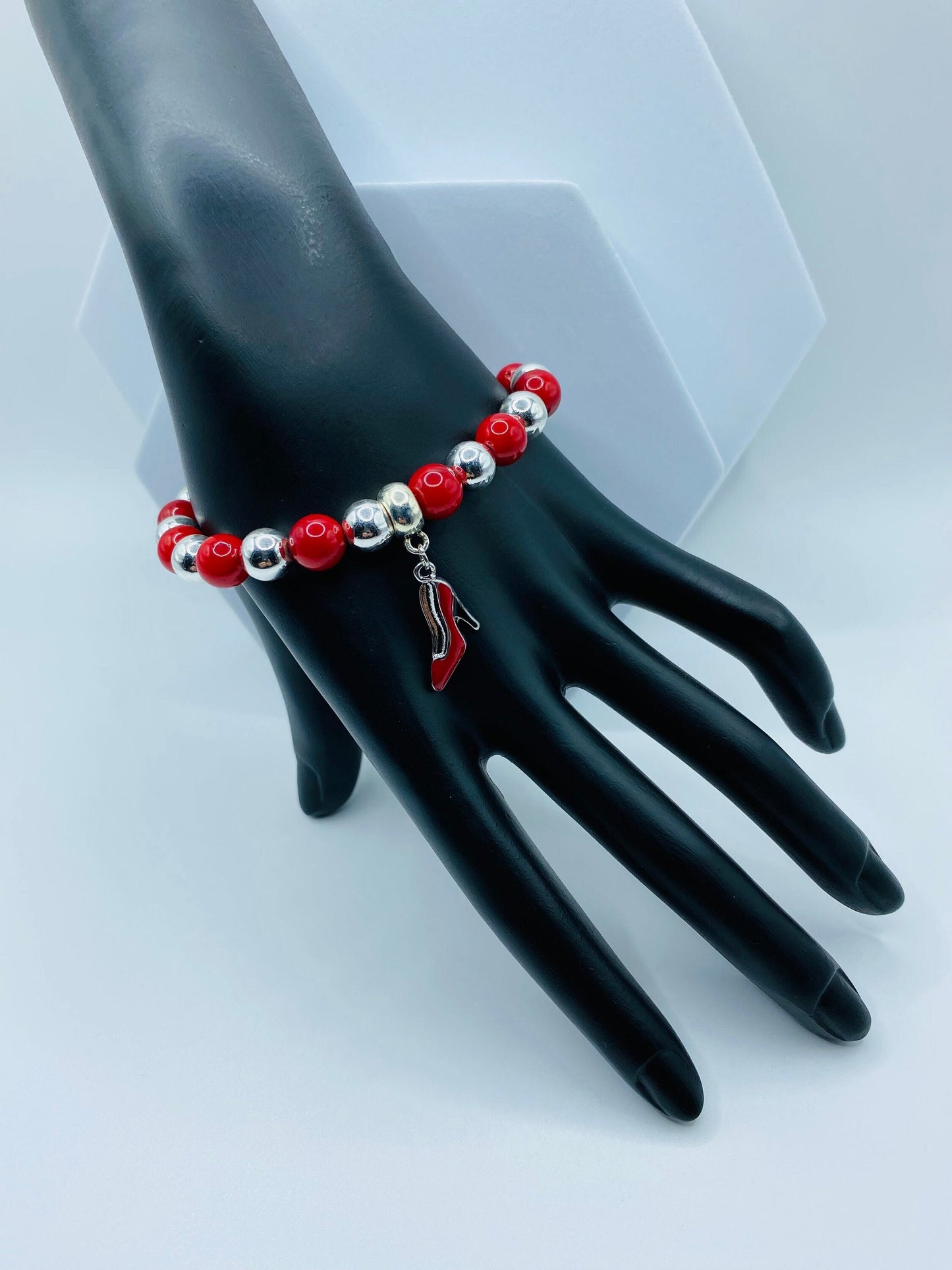 Red Coral Shoe Charm Bracelet: Silver Hematite Gemstone Beads