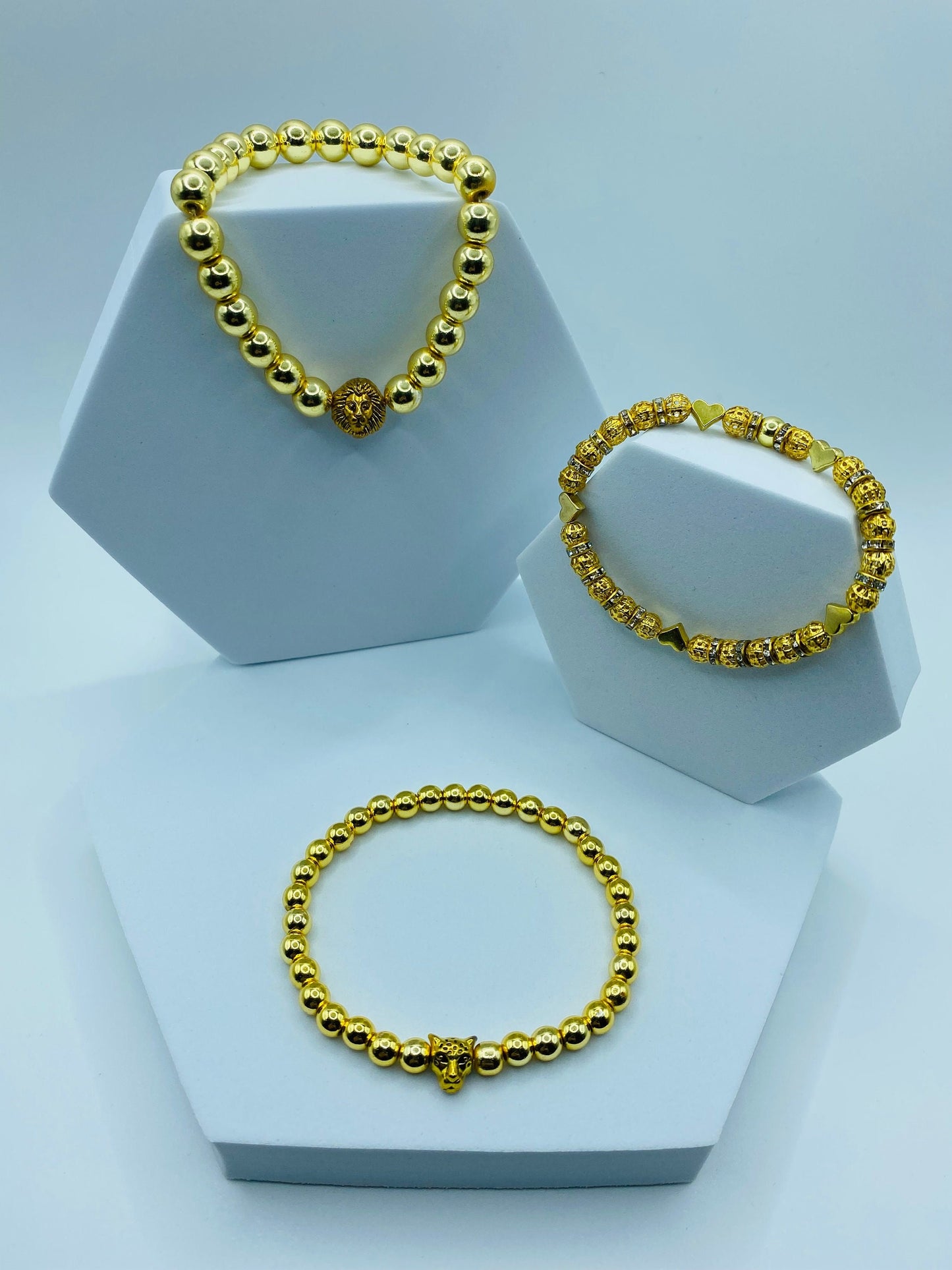 18K Gold Plated Tennis Bracelet: Hematite Beads & Leopard Charm