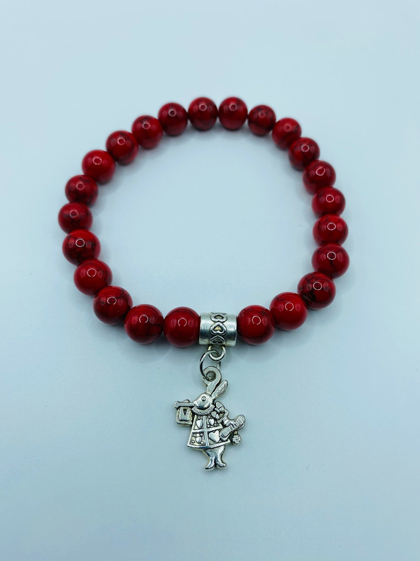 Charm Bracelet Alice in Wonderland Bad Bunny, Turquoise Gemstone Beaded Bracelet