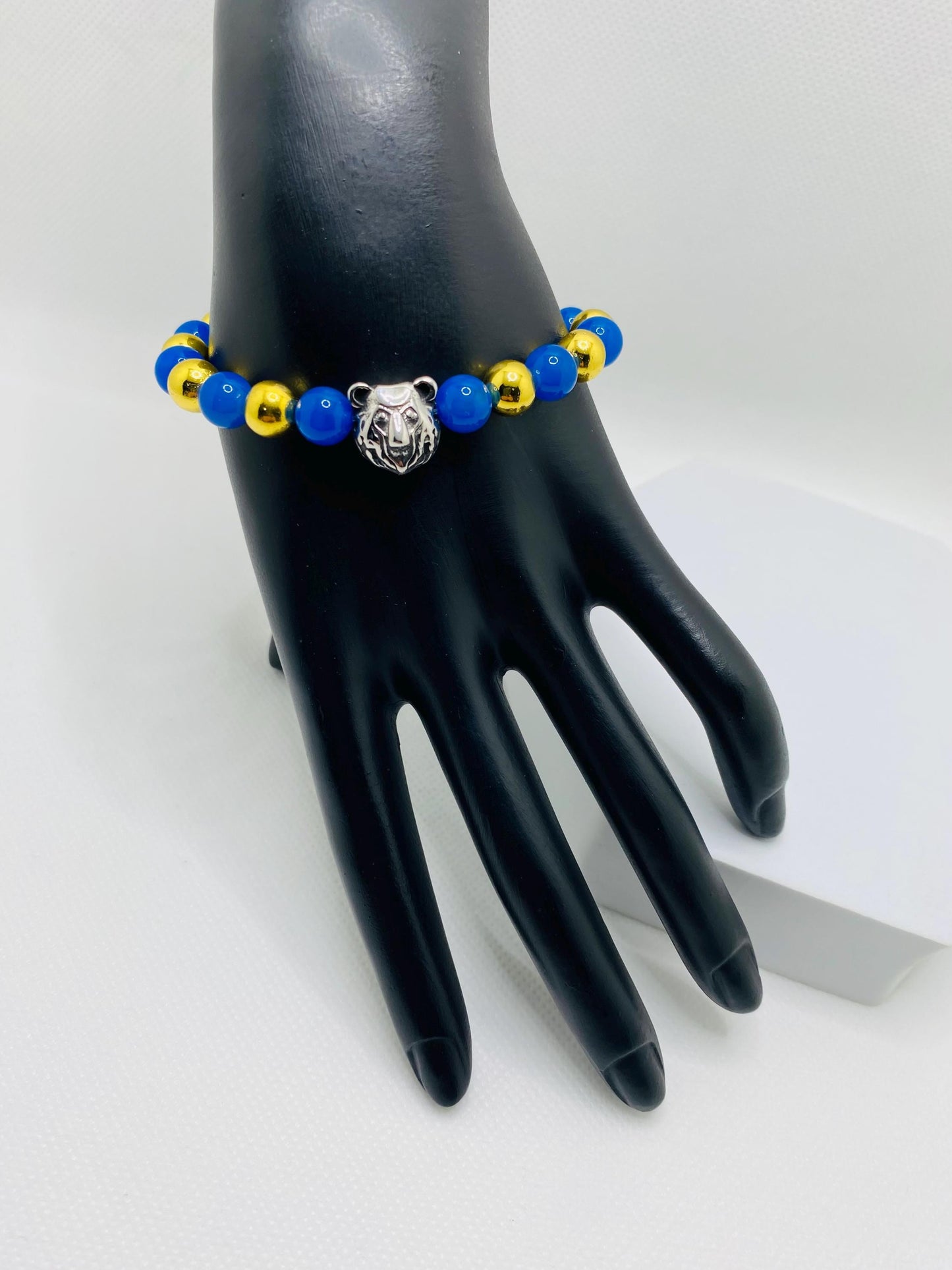 UCLA Bruins Bracelet: Blue Agate, Gold Hematite, Bear Charm