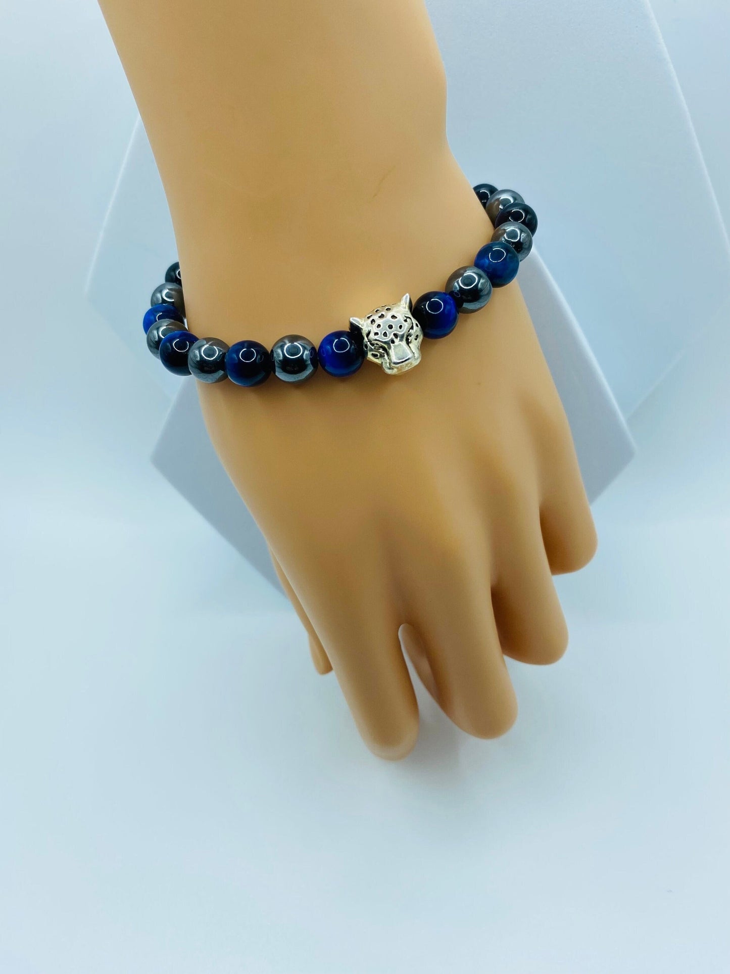 Tigers Eye & Hematite Bracelet with Silver Leopard Charm