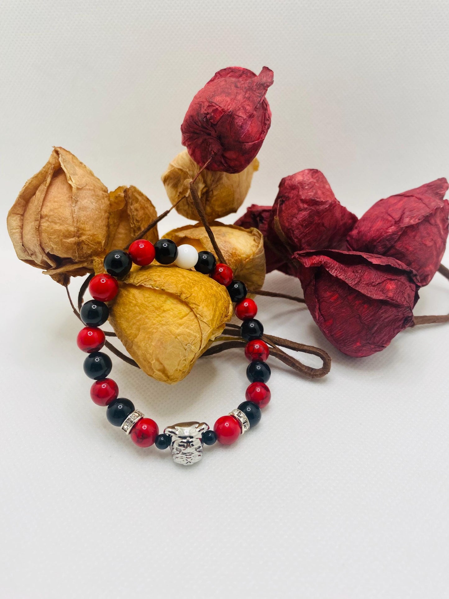 Georgia Bulldogs Gemstone Bracelet: Red Turquoise & Black Onyx, Dog Lover Gift