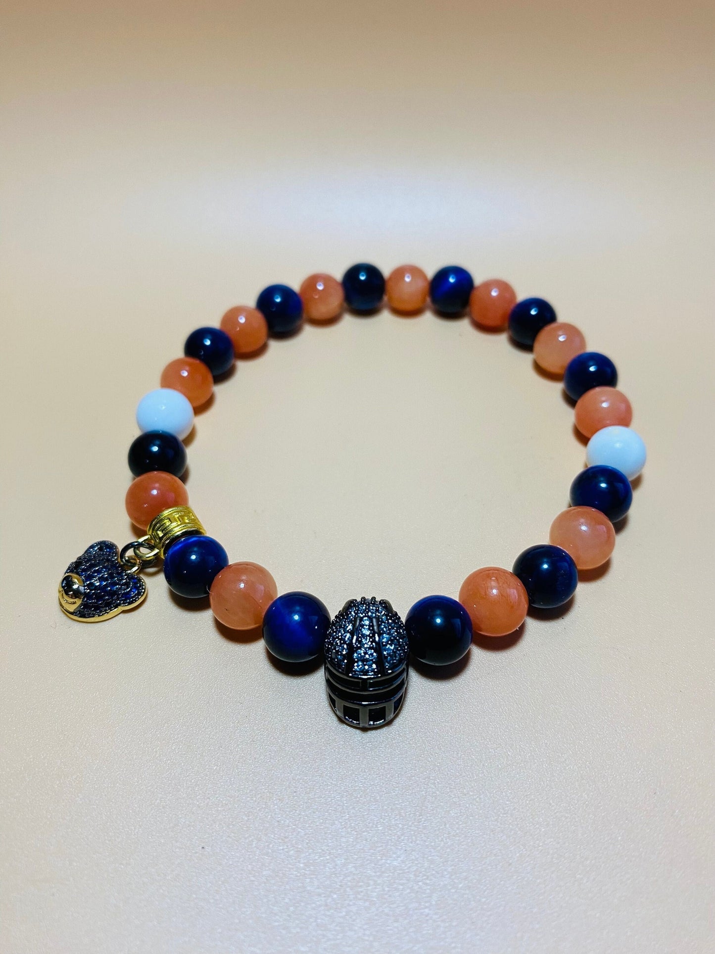 Chicago Bears Bracelet: Gemstone Beads, Bear & Football Helmet Charm