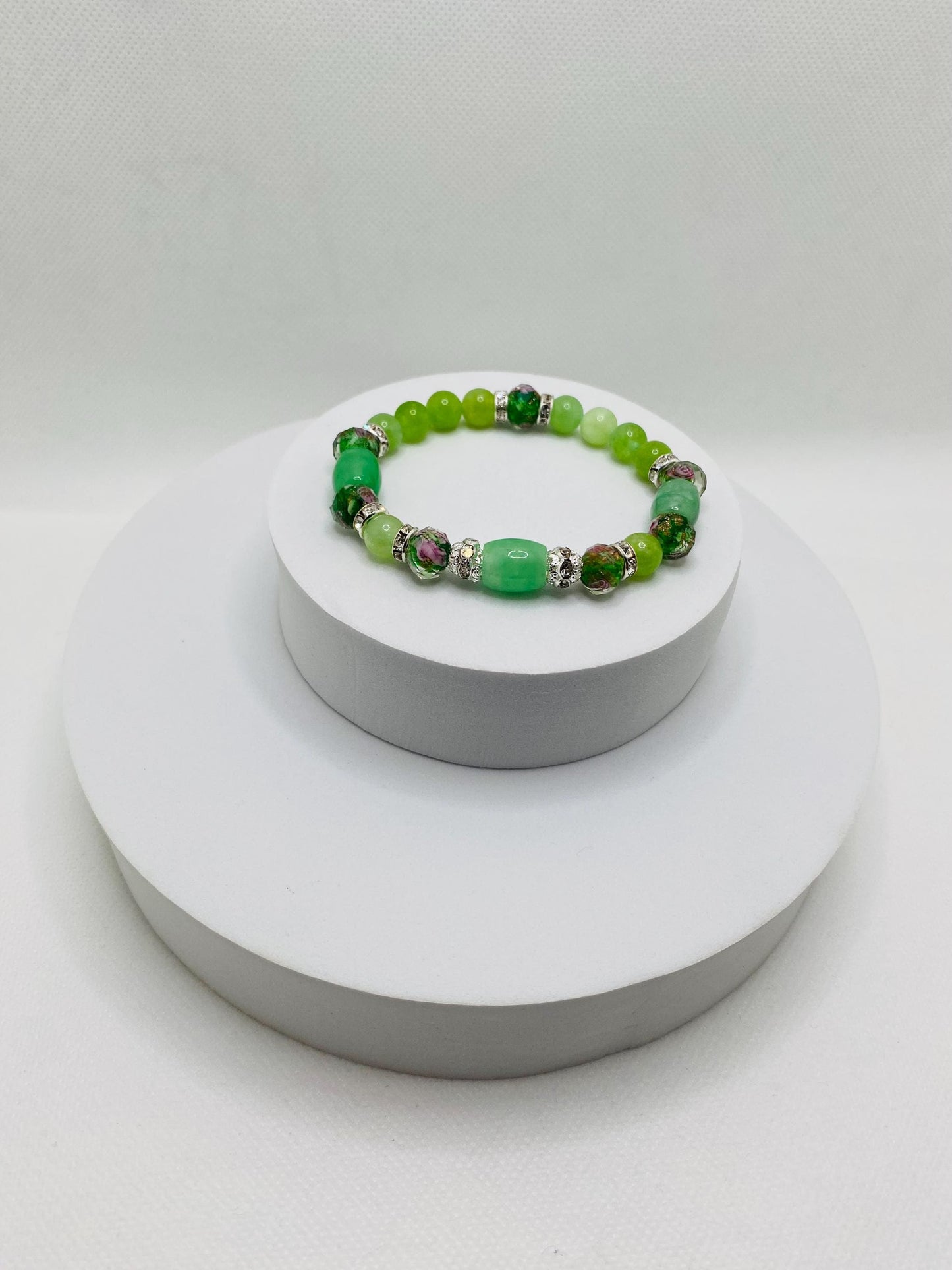 Peridot Bracelet: Green Lampwork Glass Beads, Silver Rhinestone Accents