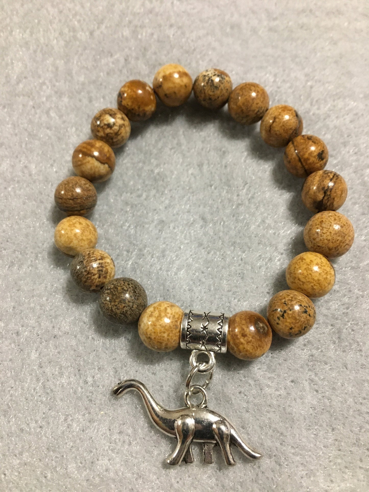 Picture Jasper Dinosaur Bracelet: Brontosaurus Charm, Jurassic Jewelry