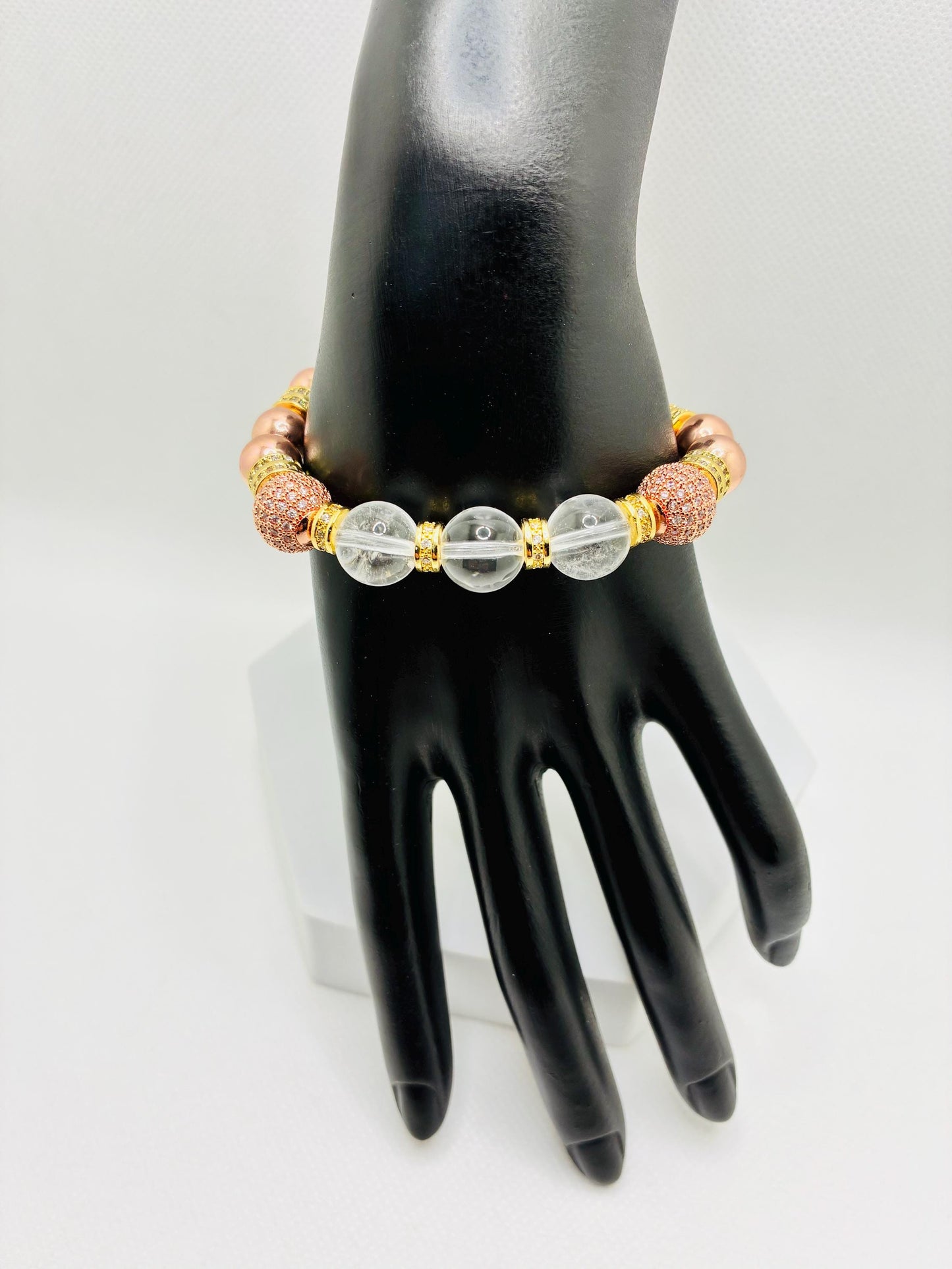 Rose Gold Plated Hematite Bracelet: Clear Quartz & Cubic Zirconia Beads