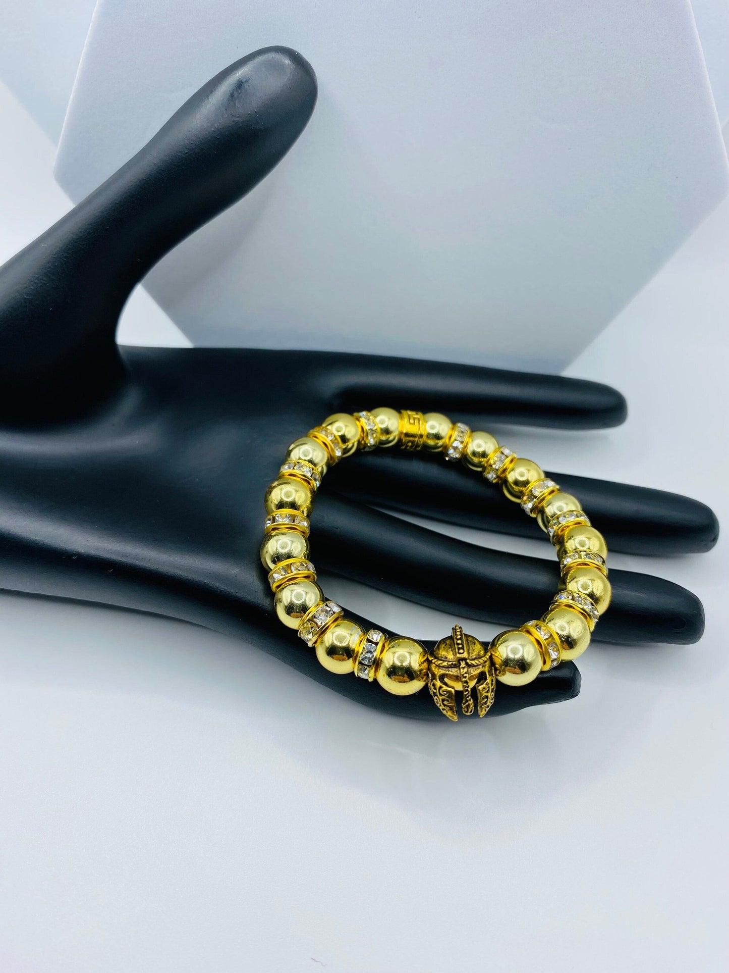 Mens Gold Hematite Bracelet: Spartan Helmet Charm, Rhinestone Rondelle Accents