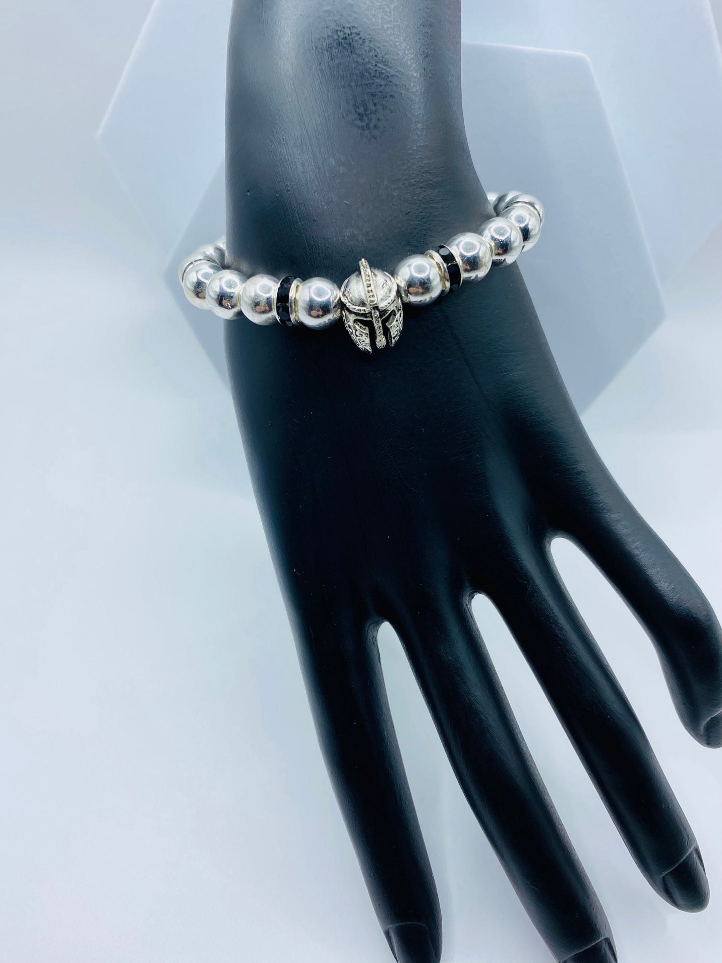 Mens Spartan Helmet Bracelet: Silver Hematite Gemstone Beads, Medieval Jewelry