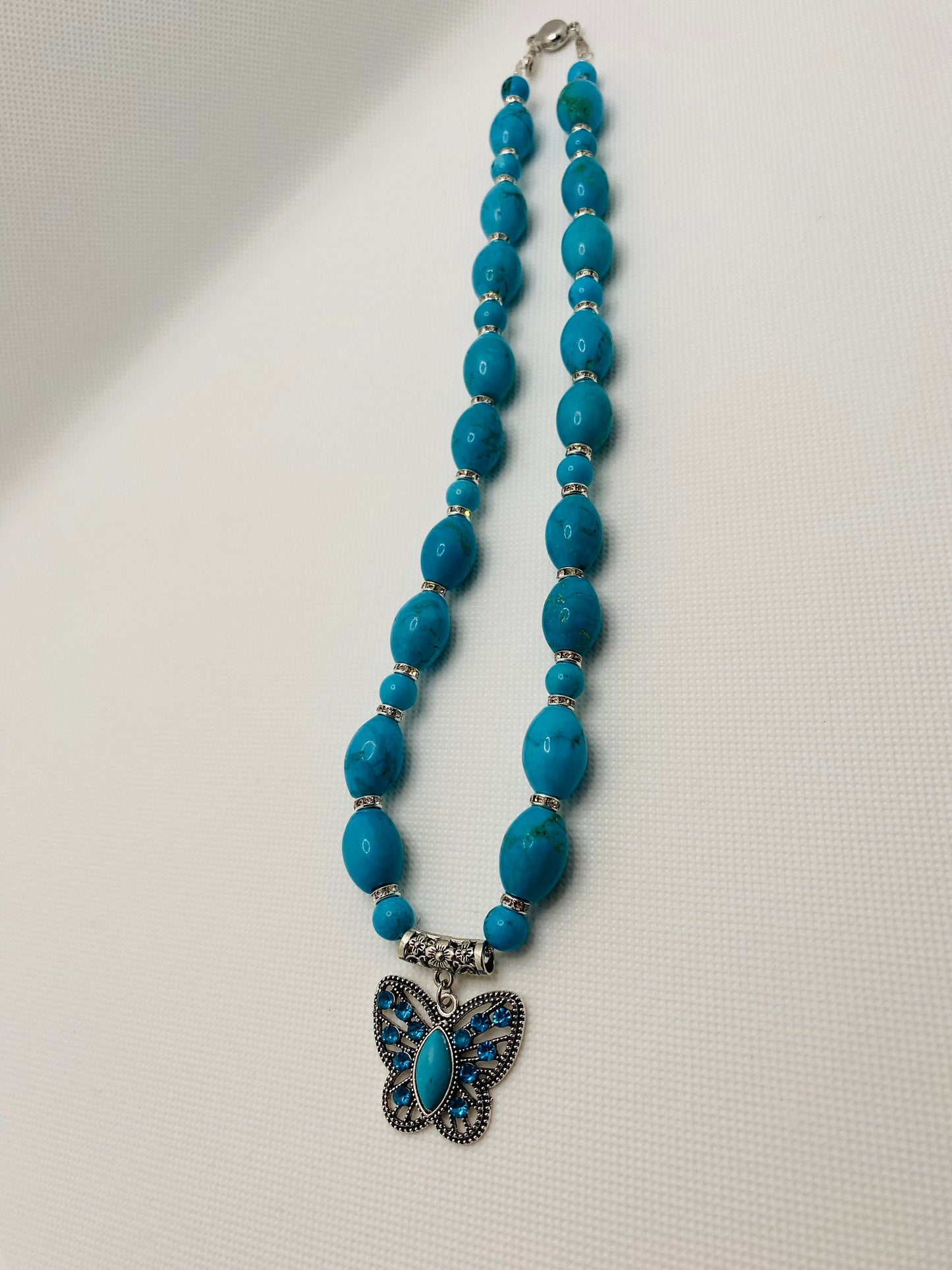 Turquoise Necklace: Butterfly Pendant, Rhinestone Accents
