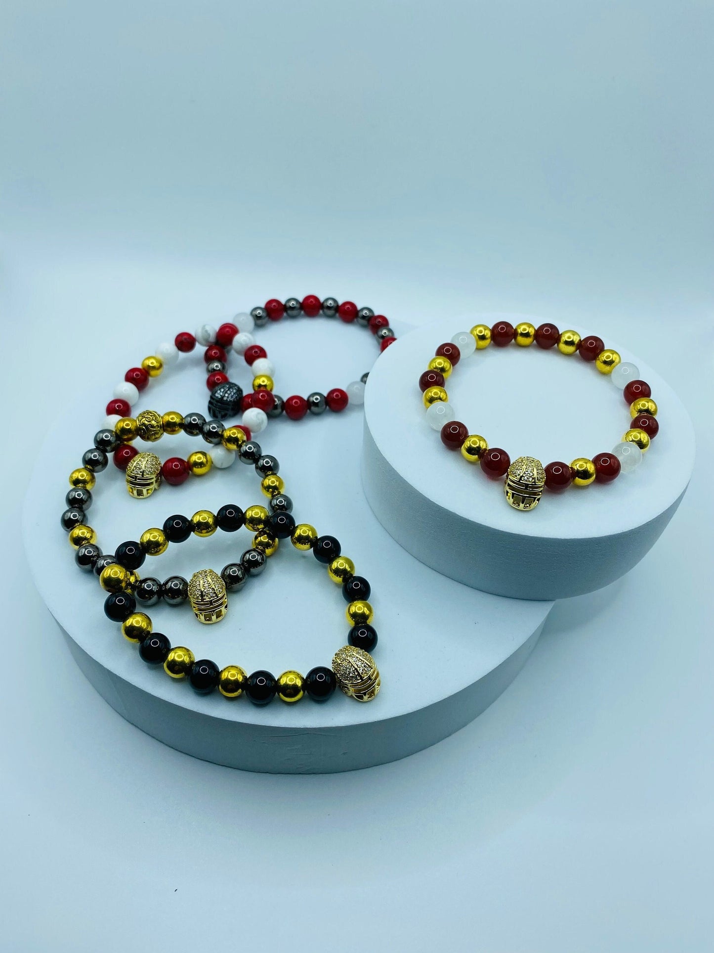 49ers Gemstone Bracelet: CZ Football Helmet, Jade & Carnelian Beads