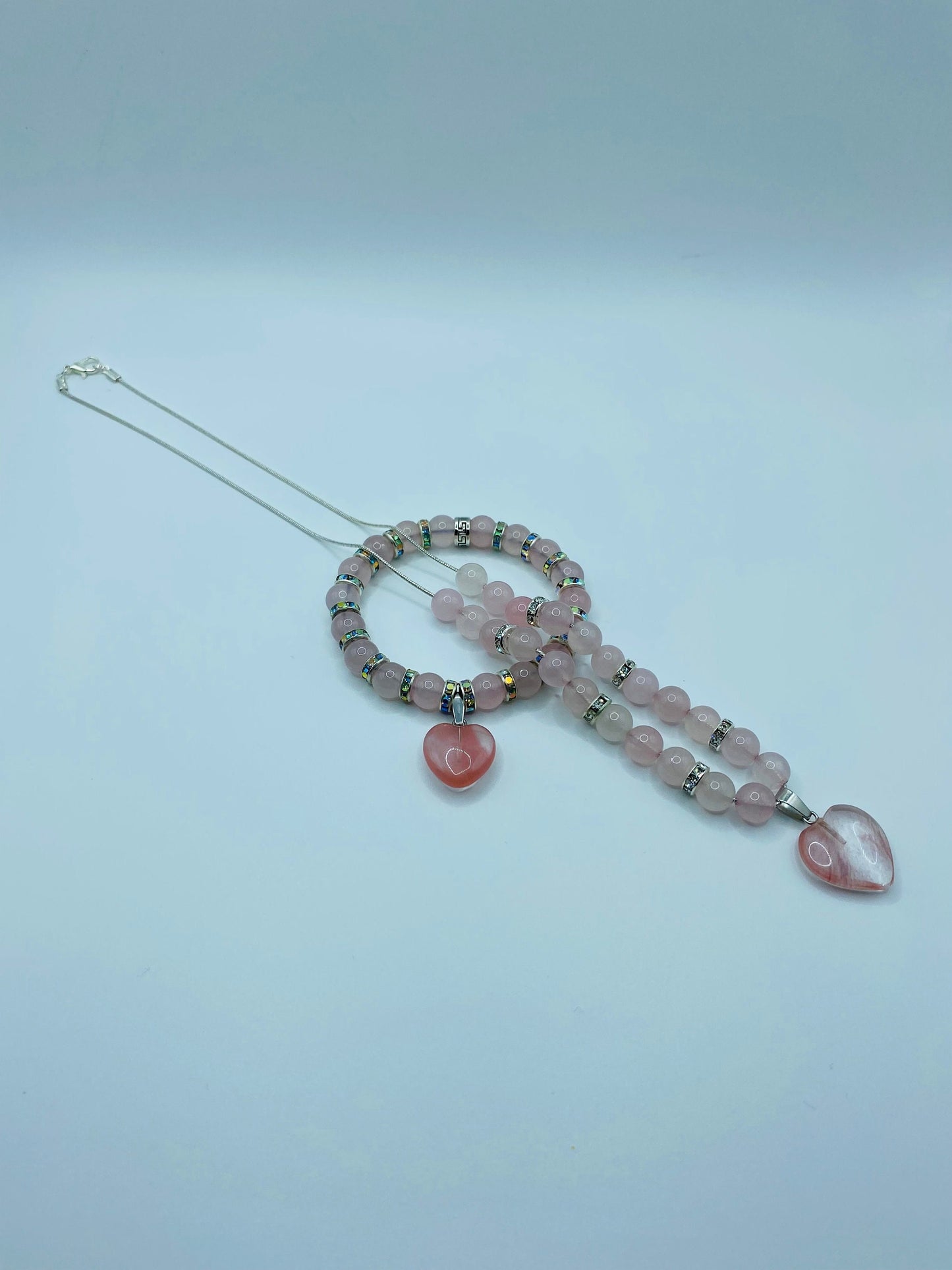 Rose Quartz Necklace Bracelet Set: Pink Aventurine Heart Charm, Rhinestone Rondelles