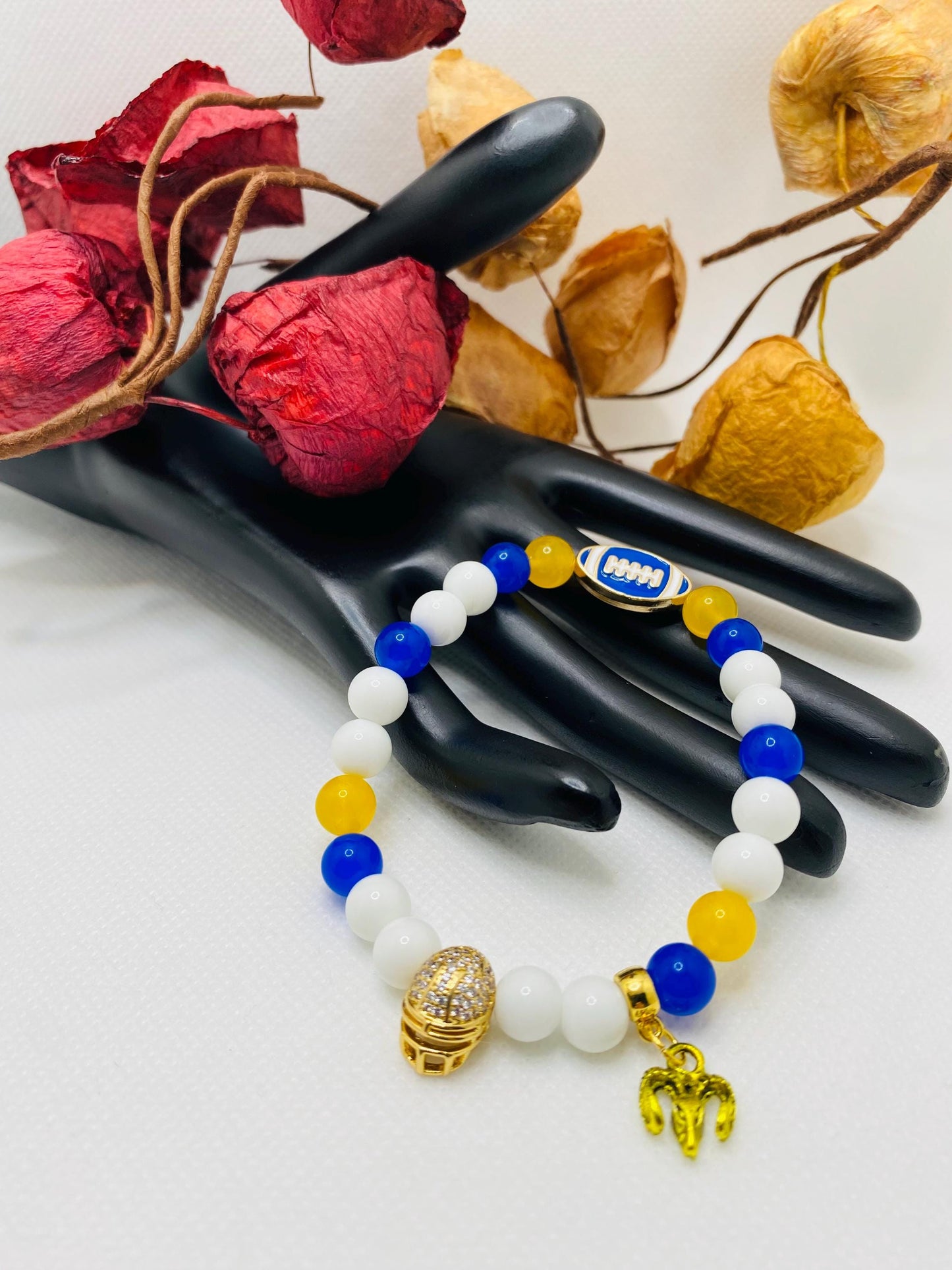 Los Angeles Rams Bracelet: Agate & Kyanite Gemstone Beads, Football Charm