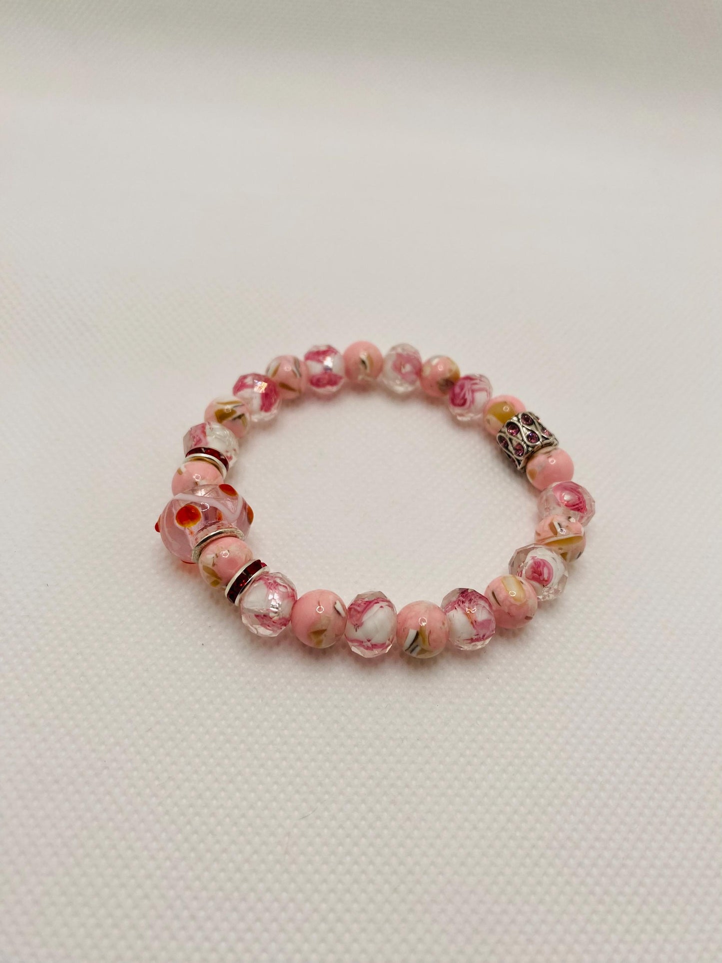 Pink Lampwork Glass Bead Bracelet: Floral Trochus Turquoise